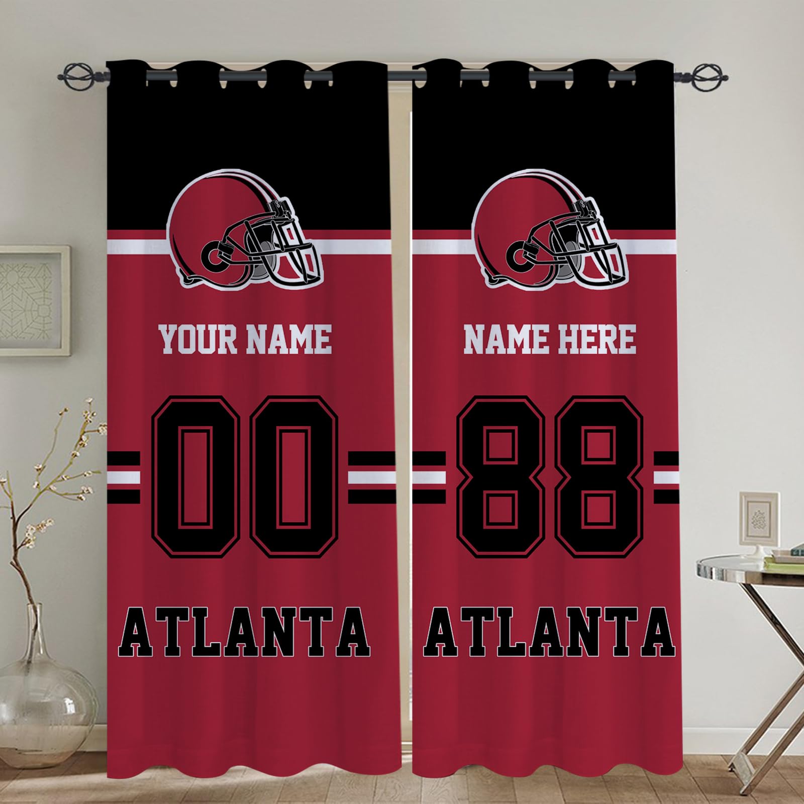 Midkepf Atlanta Blackout Curtain Panels Custom Name Number Curtains for Bedroom Personalized Football Style Drapes Gift for Men Fans 2 Panels