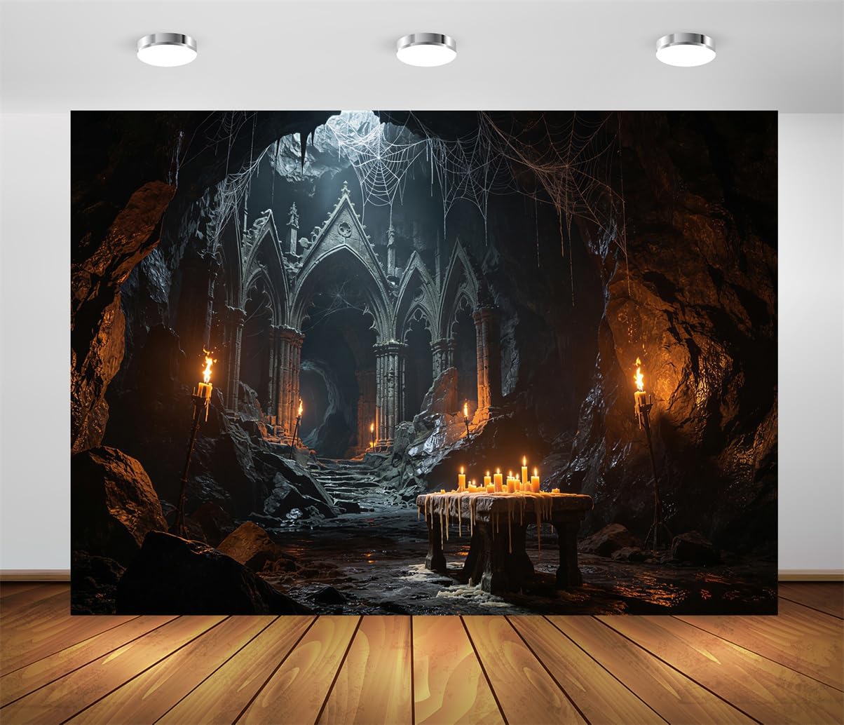 BELECO 3.6x2.5m Sfondo in tessuto Rovine Grotta Gotica Sotterranea Scura | Porta Ad Arco In Pietra Gotica Rovine Cattedrale Grotta Illuminata Da Candele Ragnatela Halloween Telo Di Sfondo