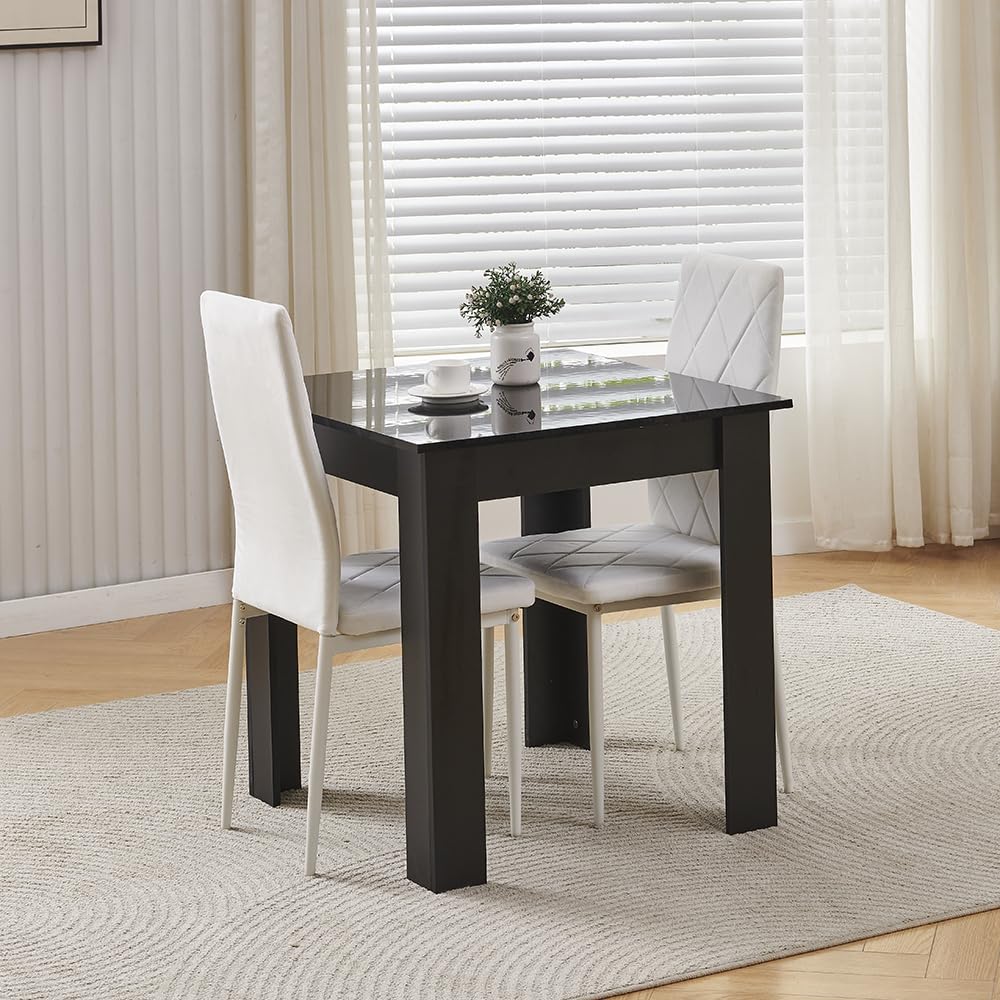NICEME Compact Dining Table and 2 Chairs, Small Dining Room Set for 2 Seater Kitchen Table with Chairs for Small Space Saving, Glossing Tabletop 75x75 cm (Black Table, 2 Seats, Velvet White #2)