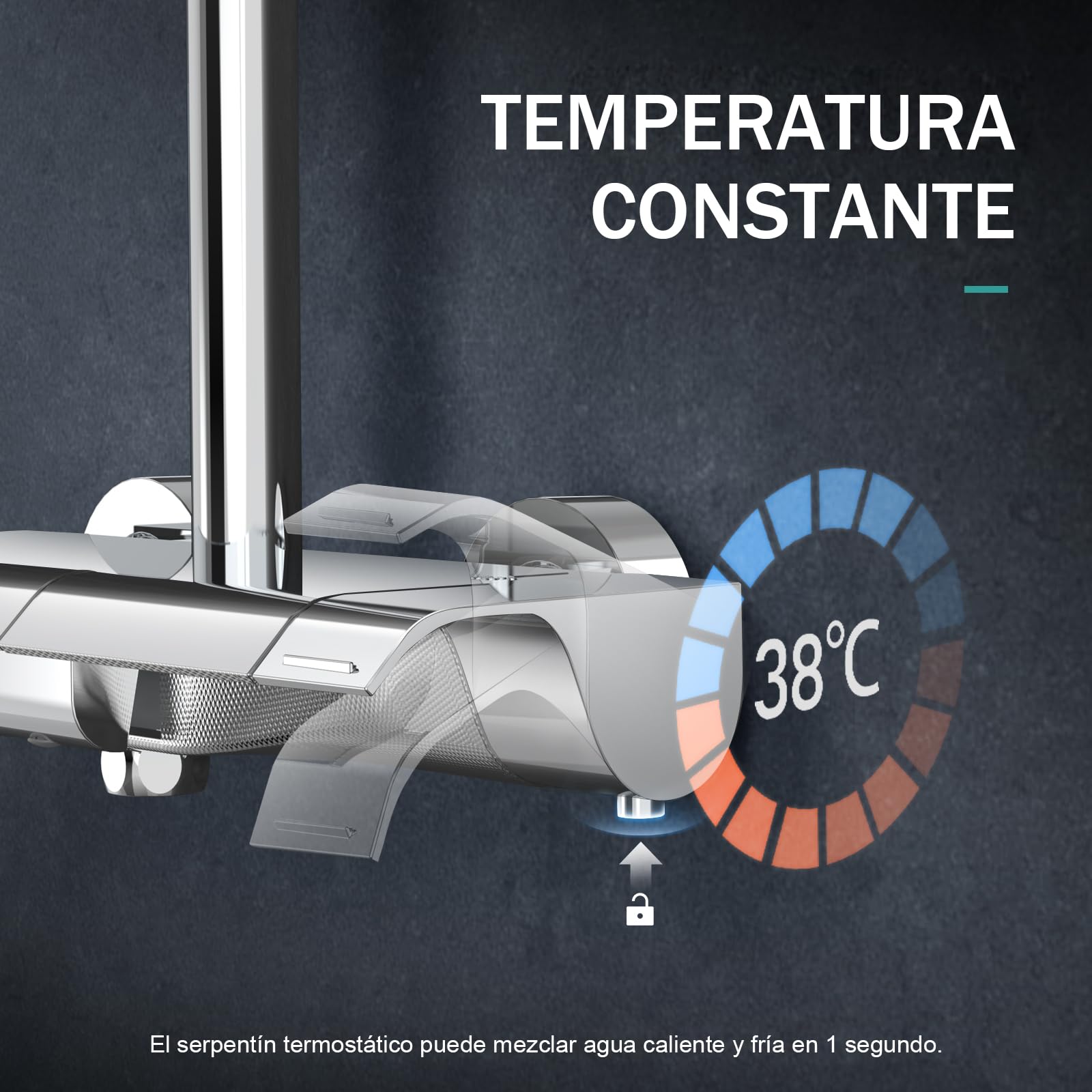EMKE Sistema de Ducha con Termostato, Conjunto de Ducha con Columna de Ducha, Cabezal de Ducha de Mano con 3 Chorros, Ducha de Lluvia, Sistema de Ducha Cromado