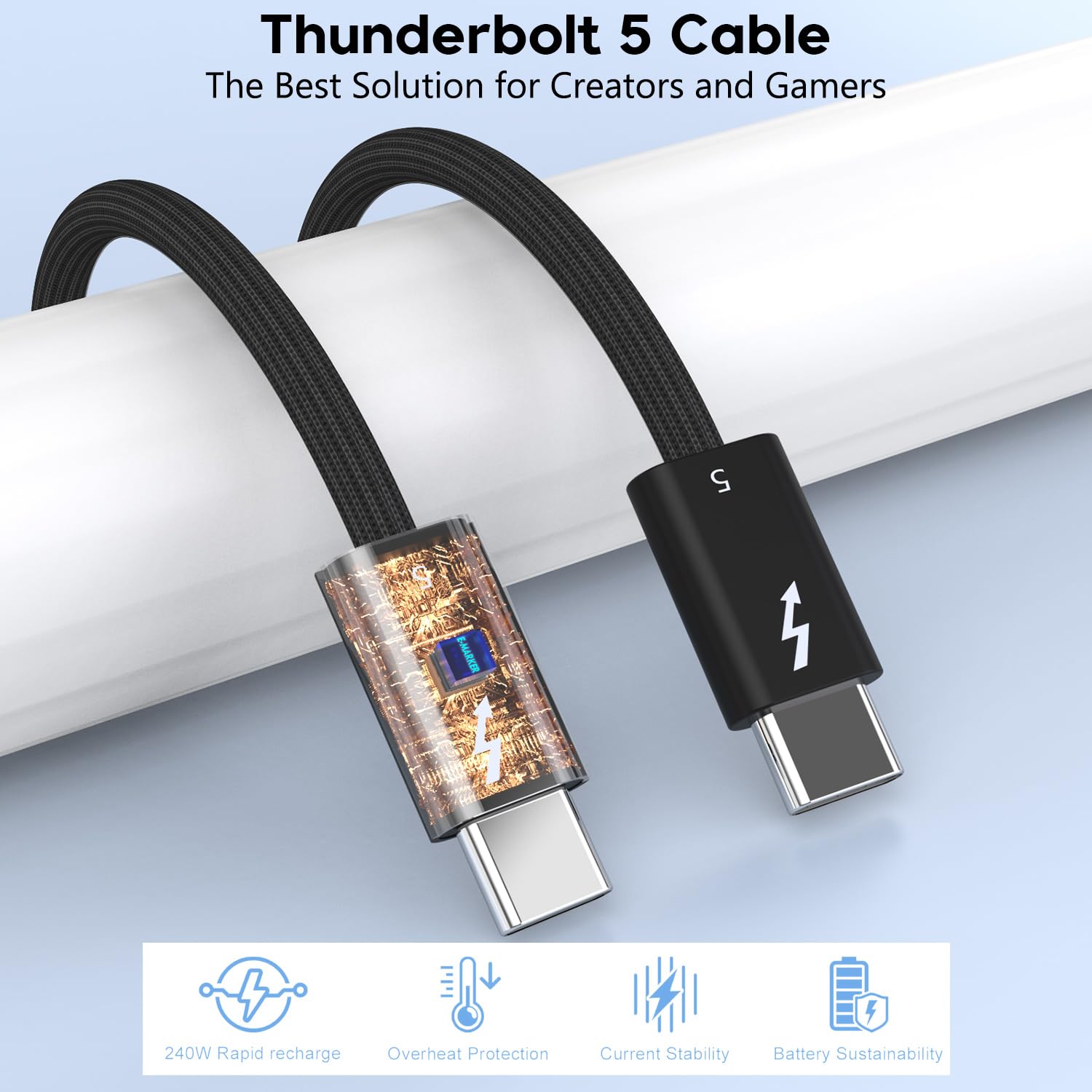 Thunderbolt 5 Cable 6FT/2M, [Intel Certified] Long USB C to USB C Cable 240W Charging,80Gbps Data Transfer,Up to 120Gbps Bandwidth, 8K/4K Displays, Compatible with Thunderbolt 4, USB4, and USBC, Black
