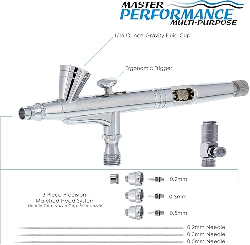 Miniatura 2 de Master Performance G266 Pro Set Master Airbrush con 3 juegos de boquillas (agujas de 0.2, 0.3 y 0.020 in, puntas de líquido y tapas de aire), mango