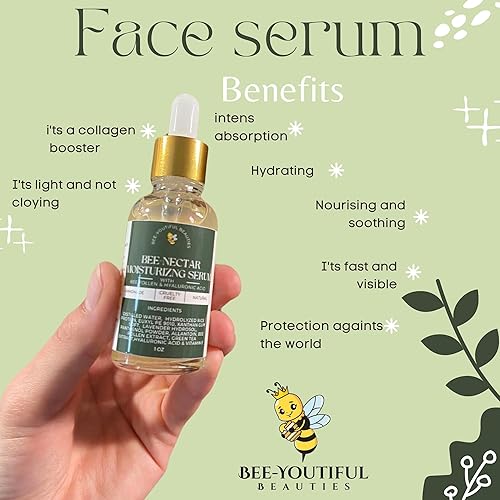 Miniatura 3 de Bee-Youtiful Beauties Bee-Nectar  Suero facial hidratante de ácido hialurónico y polen de abeja  Suero facial hidratante para piel seca - 1 onza