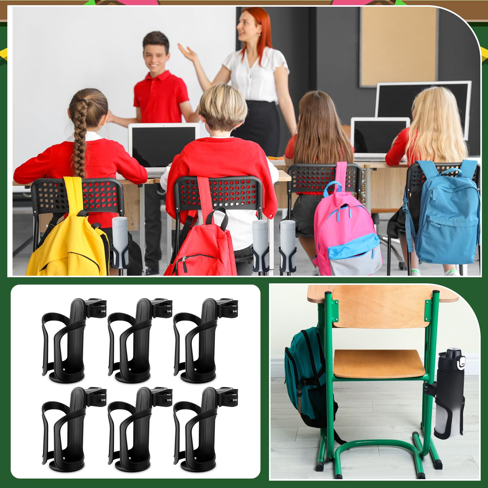 Reallnaive 6 soportes para botellas de agua para aula, escritorio, portavasos de vuelta a clases, regalo para estudiantes, antiderrames, giratorio de 360°, soporte para botella de agua para silla de