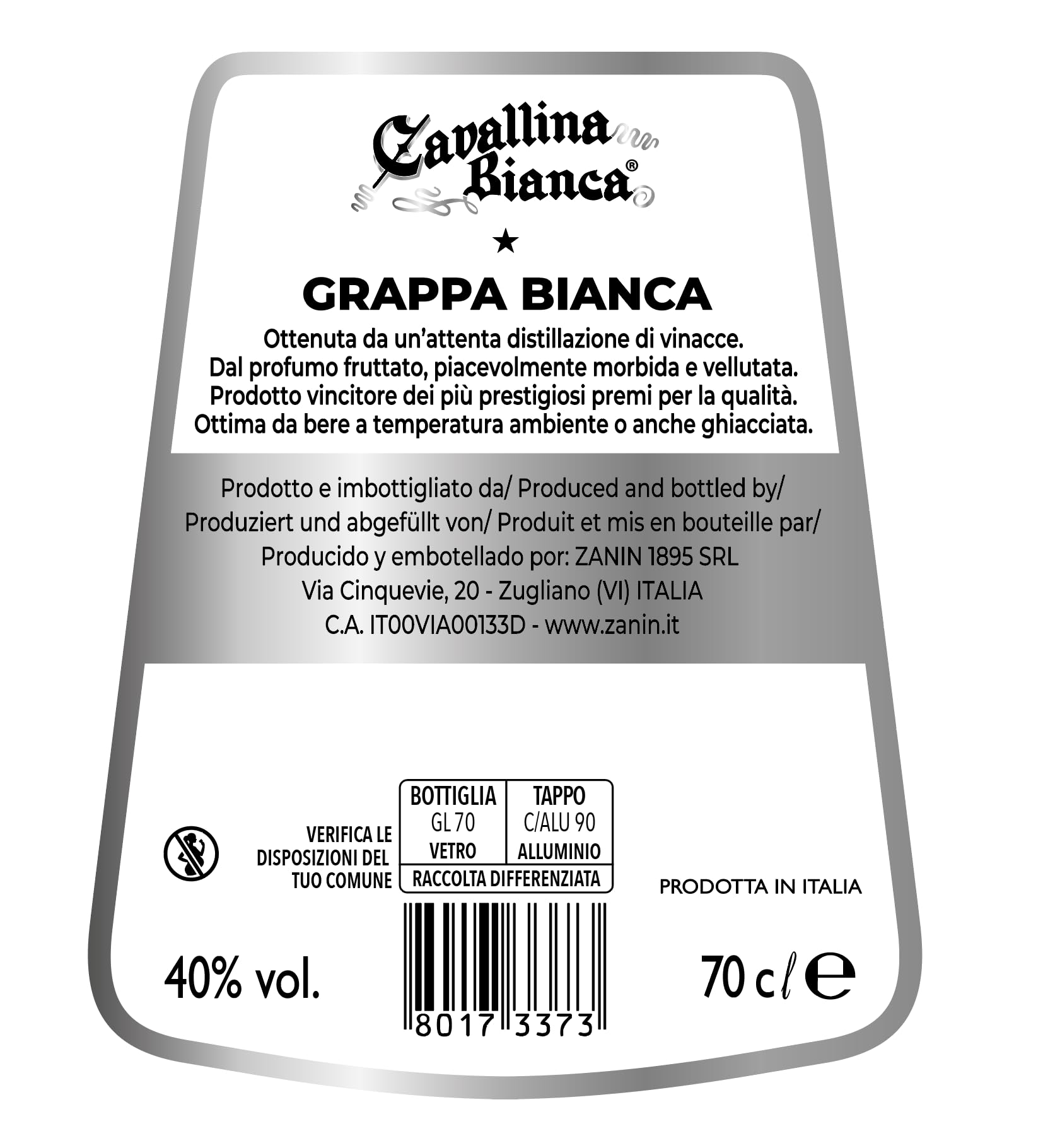 GRAPPA CAVALLINA BIANCA NOBILE 40% Vol. - 70 cl