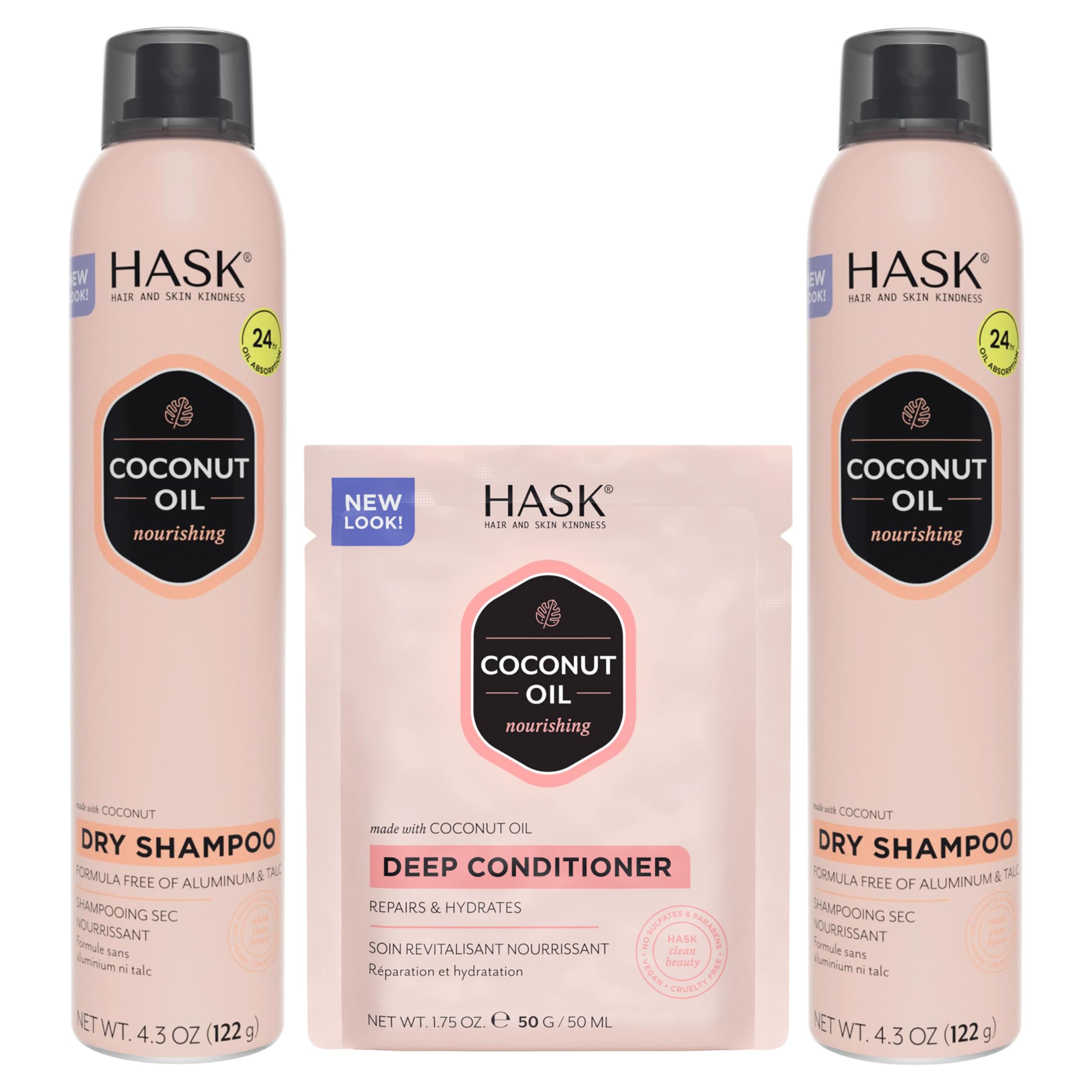 HASK Dry Shampoo Duo (4.3oz-Qty 2) & Deep Conditioner Packette, Aluminum-Free, Sulfate-Free, Paraben-Free, Color Safe, for All Hair Types (Coconut)