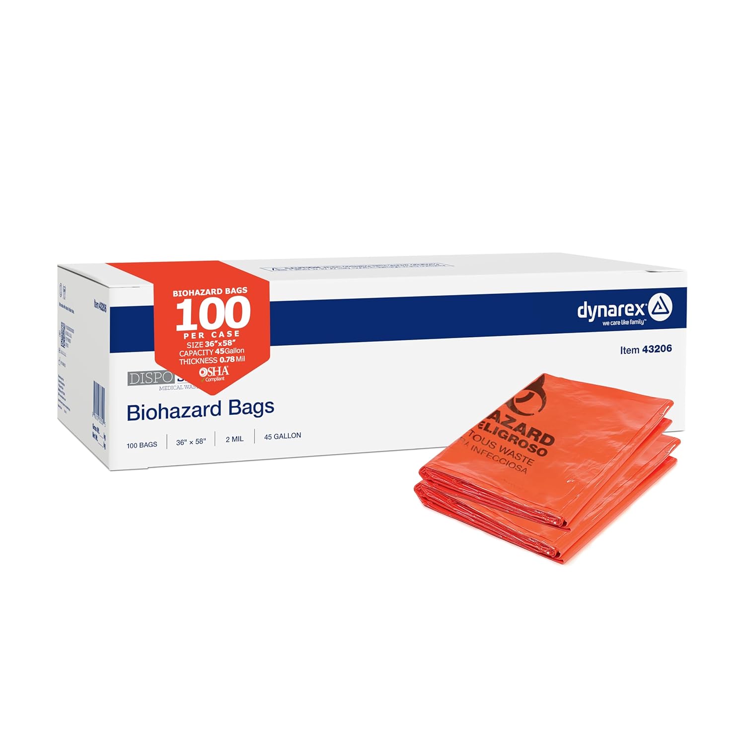 Dynarex Dispo Safety Biohazard Bags - Red-Orange - Biohazard Bags for Safe Waste Disposal, Durable Plastic, Bilingual Warnings - 2 mil, 45 Gallons, 36" x 58", 100 Bags per Case