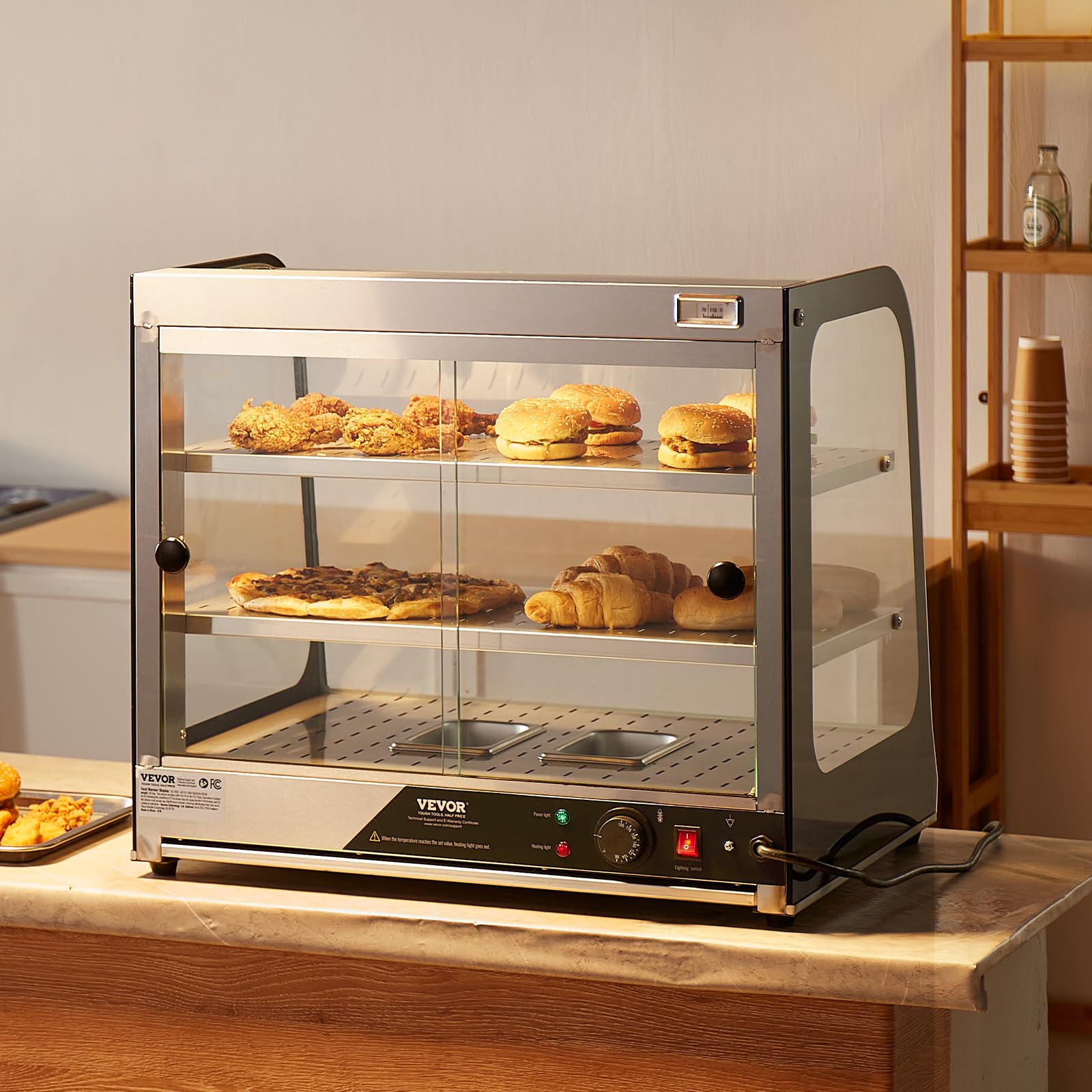 VEVOR Vitrine Chauffante Commerciale à 2 Niveaux, Présentoir à Chaud 850 W, avec Verre Trempé et Chauffage à la Vapeur, Contrôle de Température 30-85 ℃, Grande Capacité 111 L, pour Hamburger, Pizza