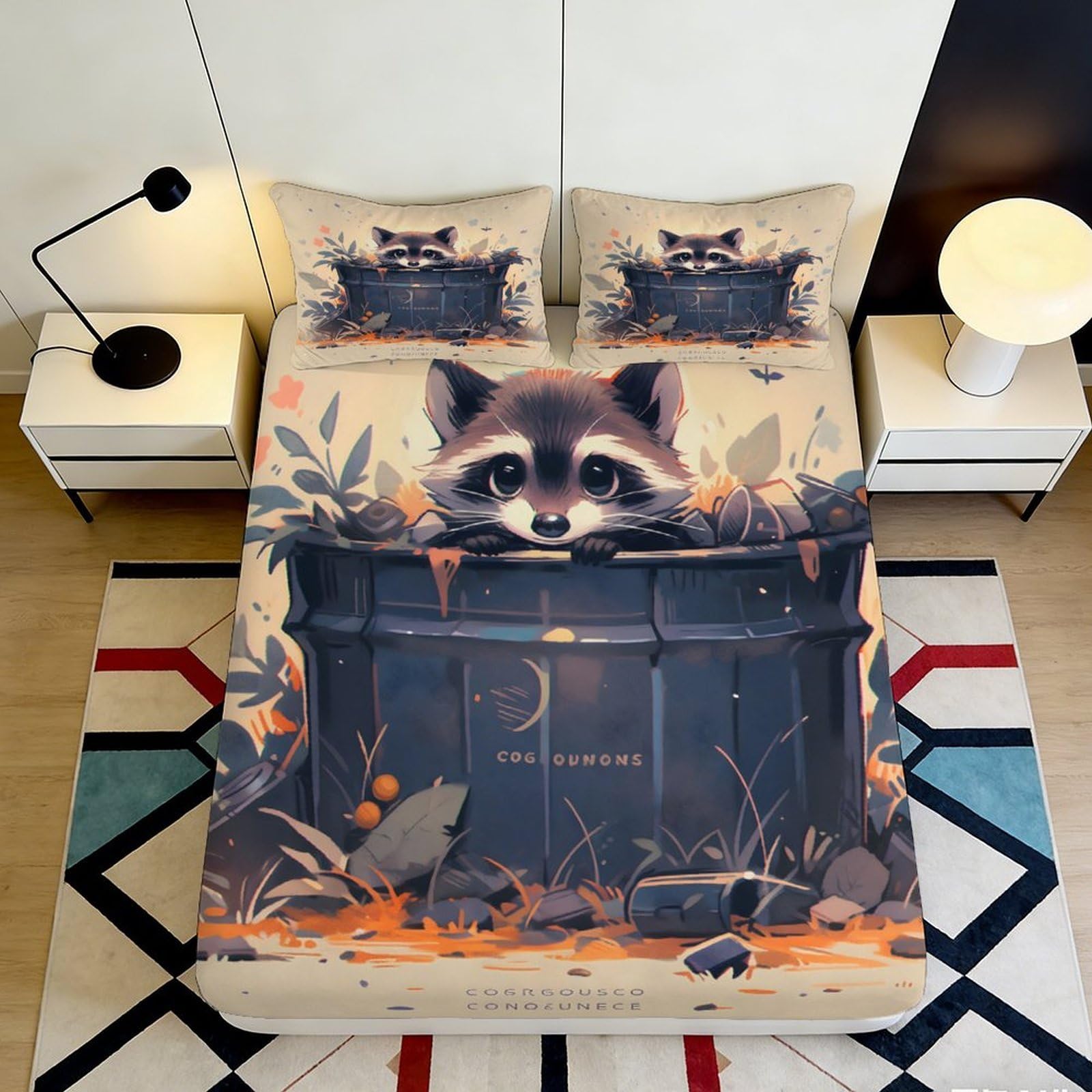 Pnayamiorkfel Style-10 3D Printed Cute Raccoon Fitted Sheet Microfiber Cartoon Trash Can Bed Cover For Bedroom Guestroom Easy Care Decor 90X200x25cm