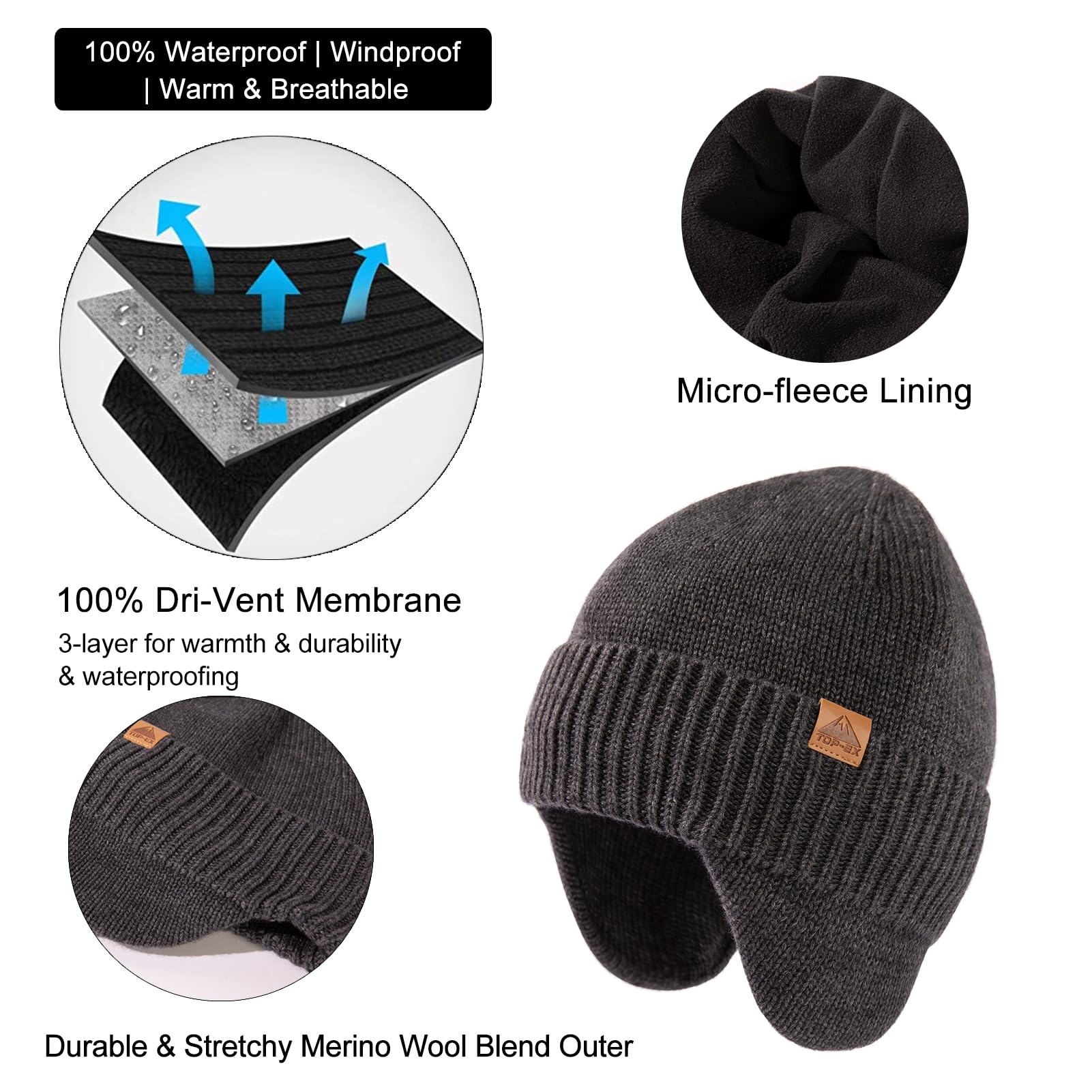 TOP-EX XL/XXL DryKnit Unisex 80% Merinowolle wasserdichte Beanie, warme Wintermütze mit Fleece gefüttert & Ohrenklappe