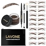 LAVONE Eyebrow Stamp Stencil Kit, Brow Stamp Trio Kit with Waterproof Eyebrow Pencil, Eyebrow Pomade, 20 Eyebrow Stencils, Dual-ended Eyebrow Brush and Sponge Applicator - Dark Brunette