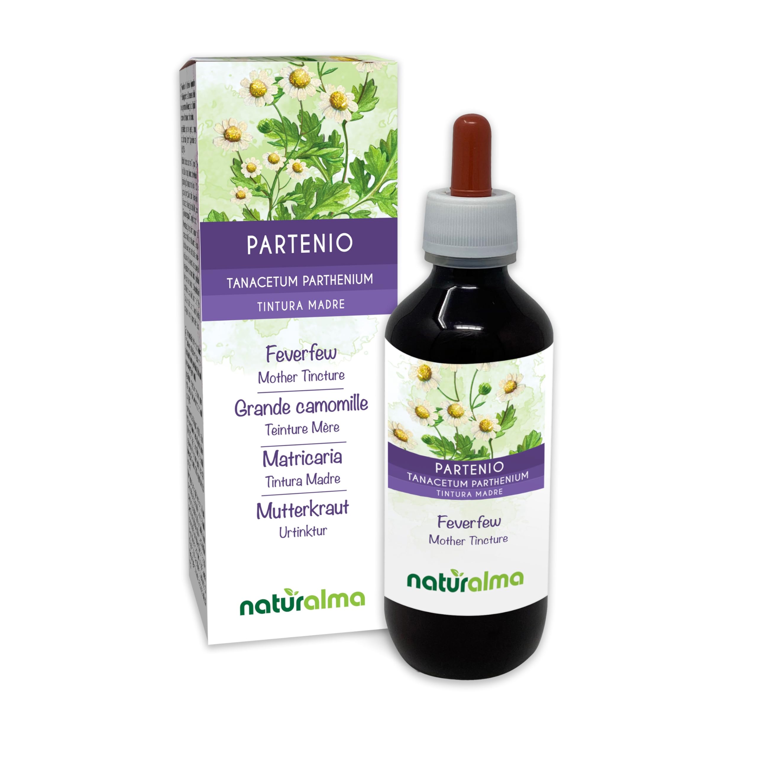 Grande camomille ou Partenelle (Tanacetum parthenium) herbe avec fleurs Teinture Mère sans alcool Naturalma - Extrait liquide gouttes 200 ml - Complément alimentaire - Végétalien ou végan