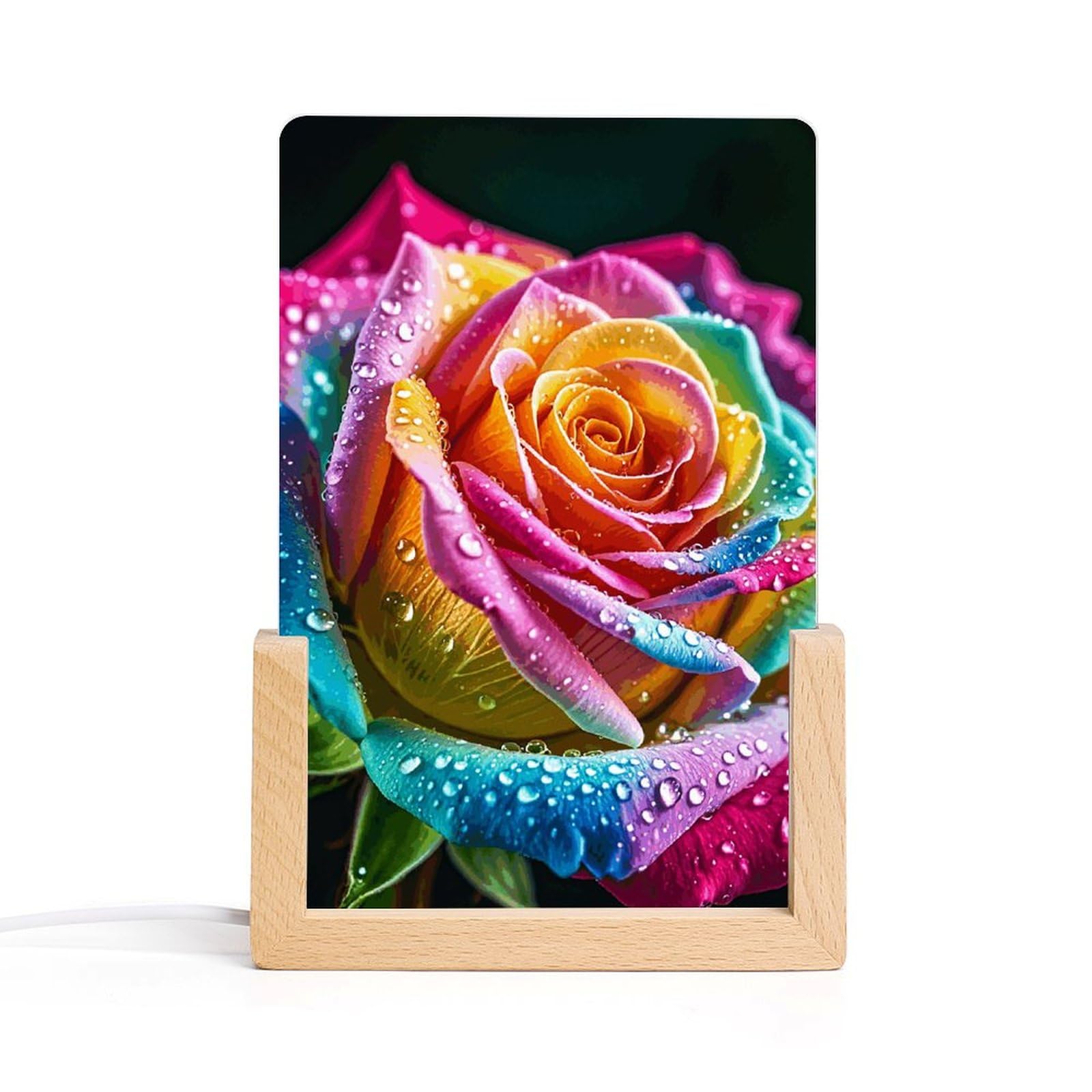 LYHVSFJW Colorful Rose with Water Night Light LED Small Desk Lamp Acrylic Photo Frames Night Lights Decorative Sleep Nightlight USB Bedside Lamp for Living Room Bedrooms Offices