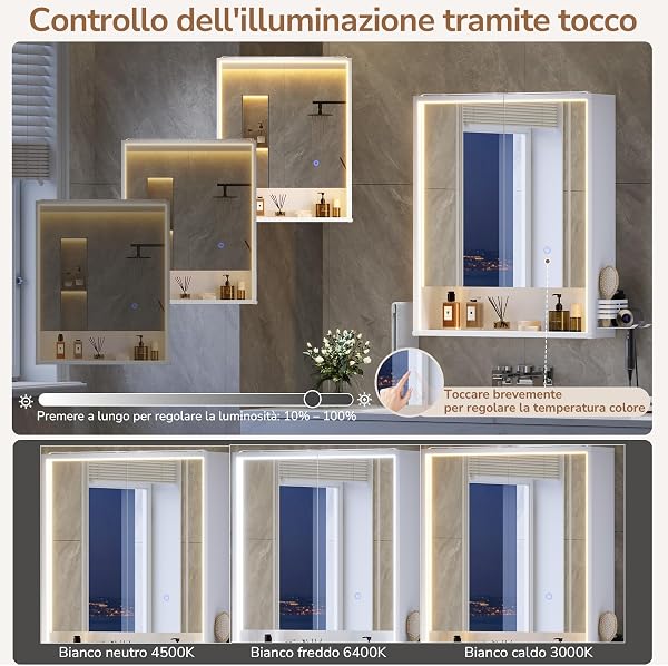 Specchio Bagno Contenitore 60x78x18 cm – Luce LED 3 Lati, Touch con 3 Luci & Prese + USB, Porta Asciugacapelli e Asciugamani, Mobile Bagno con Specchio a Due Ante – Soft-Close - 5