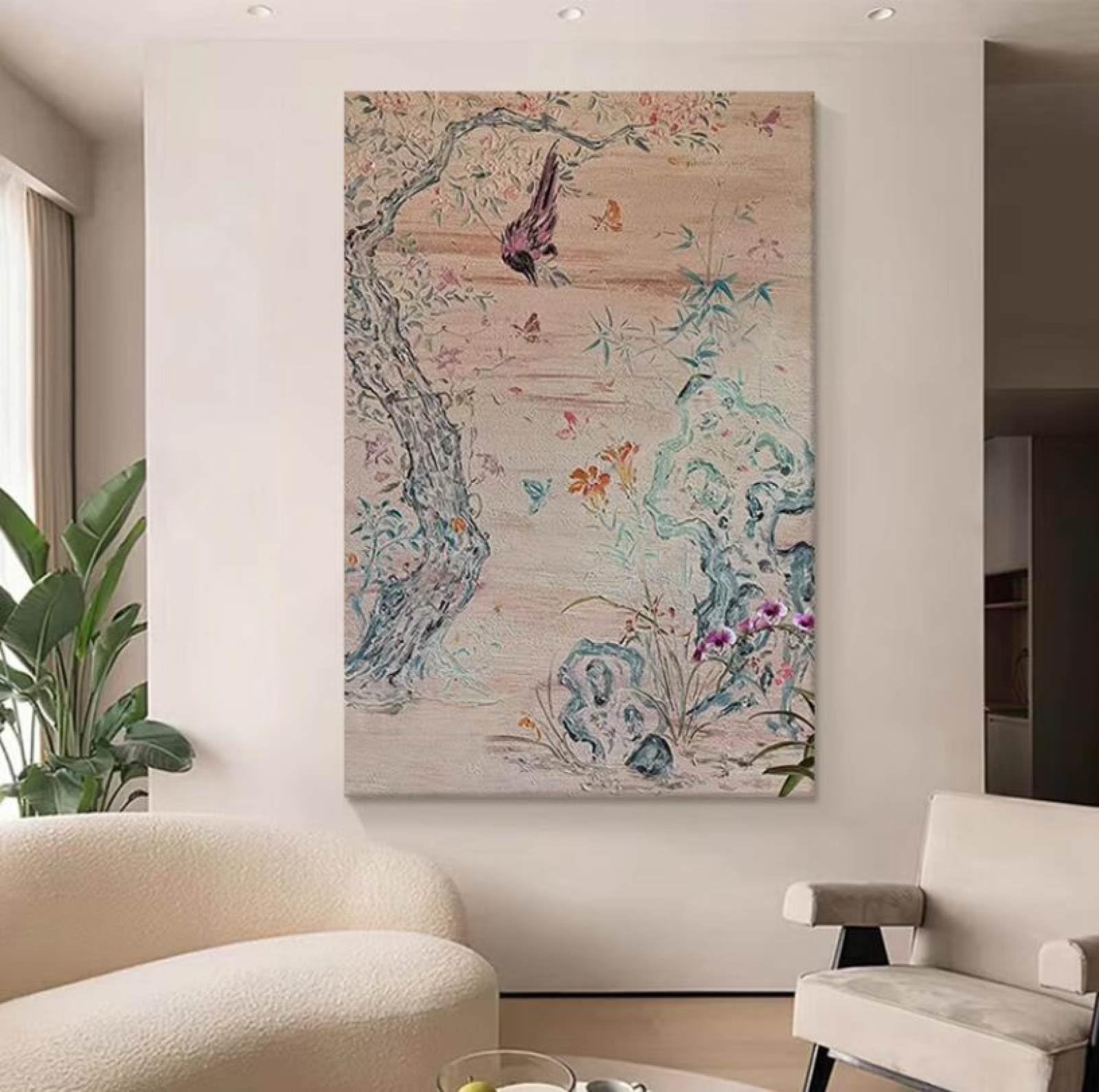 Toile abstraite fleurs et oiseaux pour sublimer la décoration de votre salon moderne