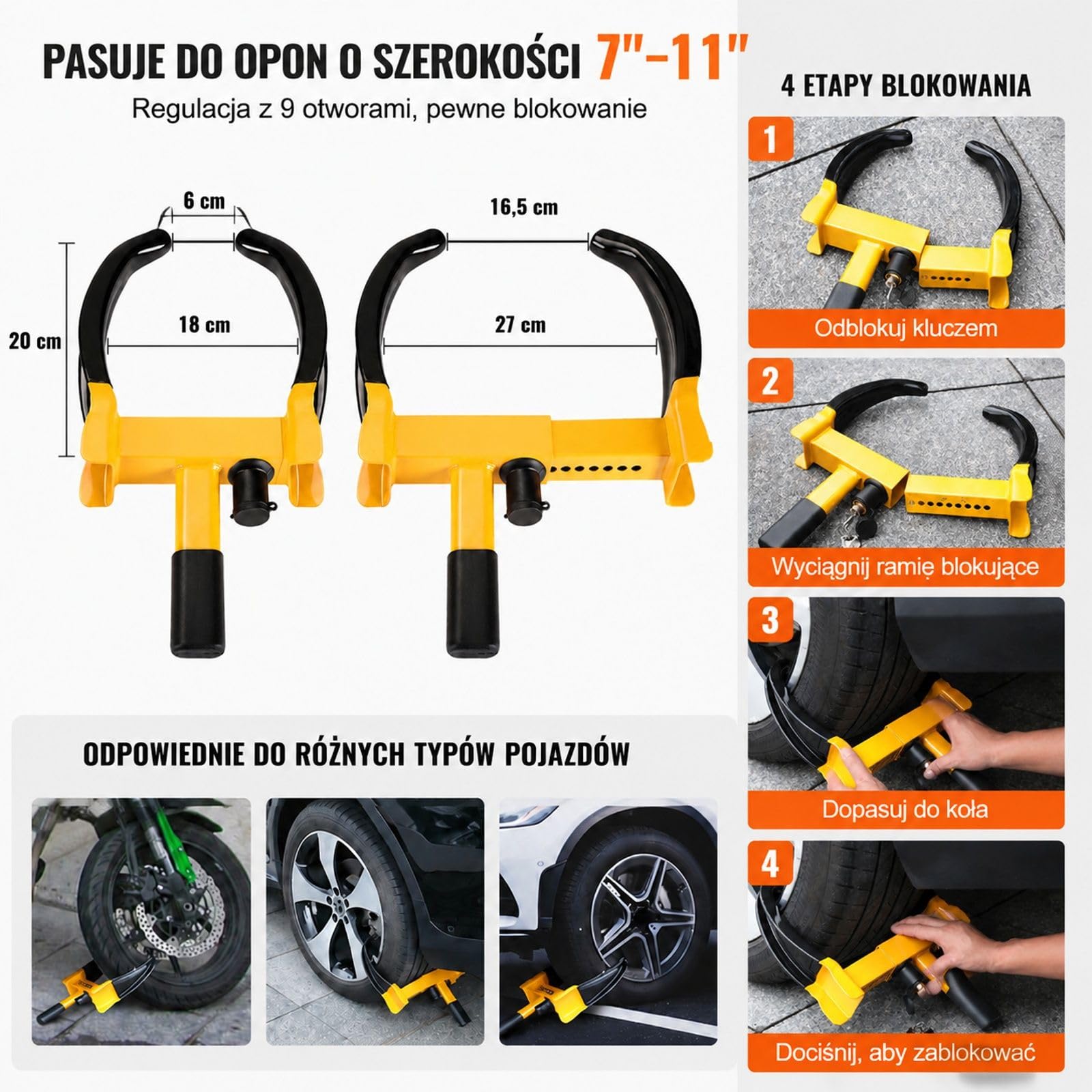 Zaciski do kół 2 szt, żółte, stal Q235, 9 regulowanych pozycji, 6 kluczy, do samochodów, SUV, przyczep i kamperów