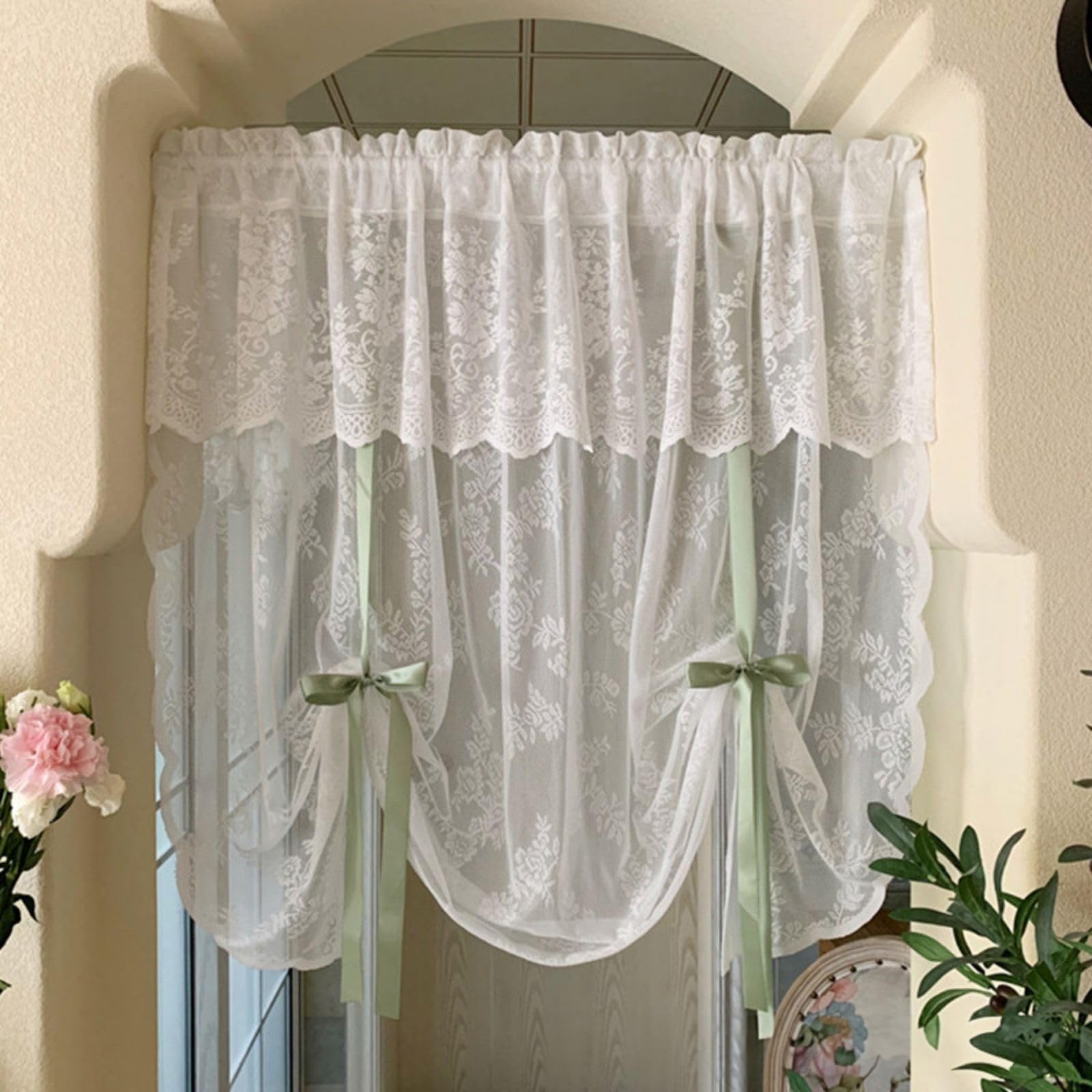Maritown Kitchen Cafe Net Curtains White Floral Valances with Green Ribbons