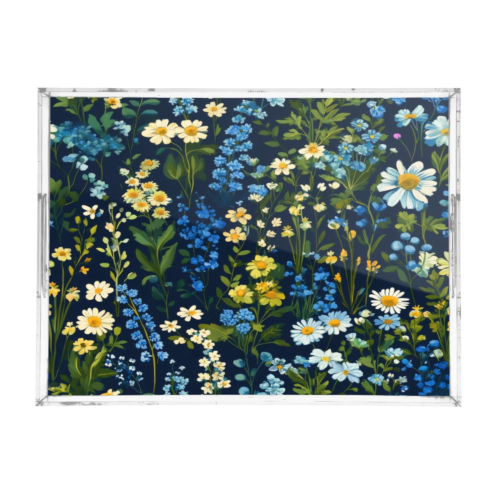 Nesatuwa Blue Green Flowers Acrylic Serving Tray with Handles,Clear Serving Tray Decorative Tray Organiser for Ottoman, Kitchen, Bedroom Decorative Tray 12x16 Inches