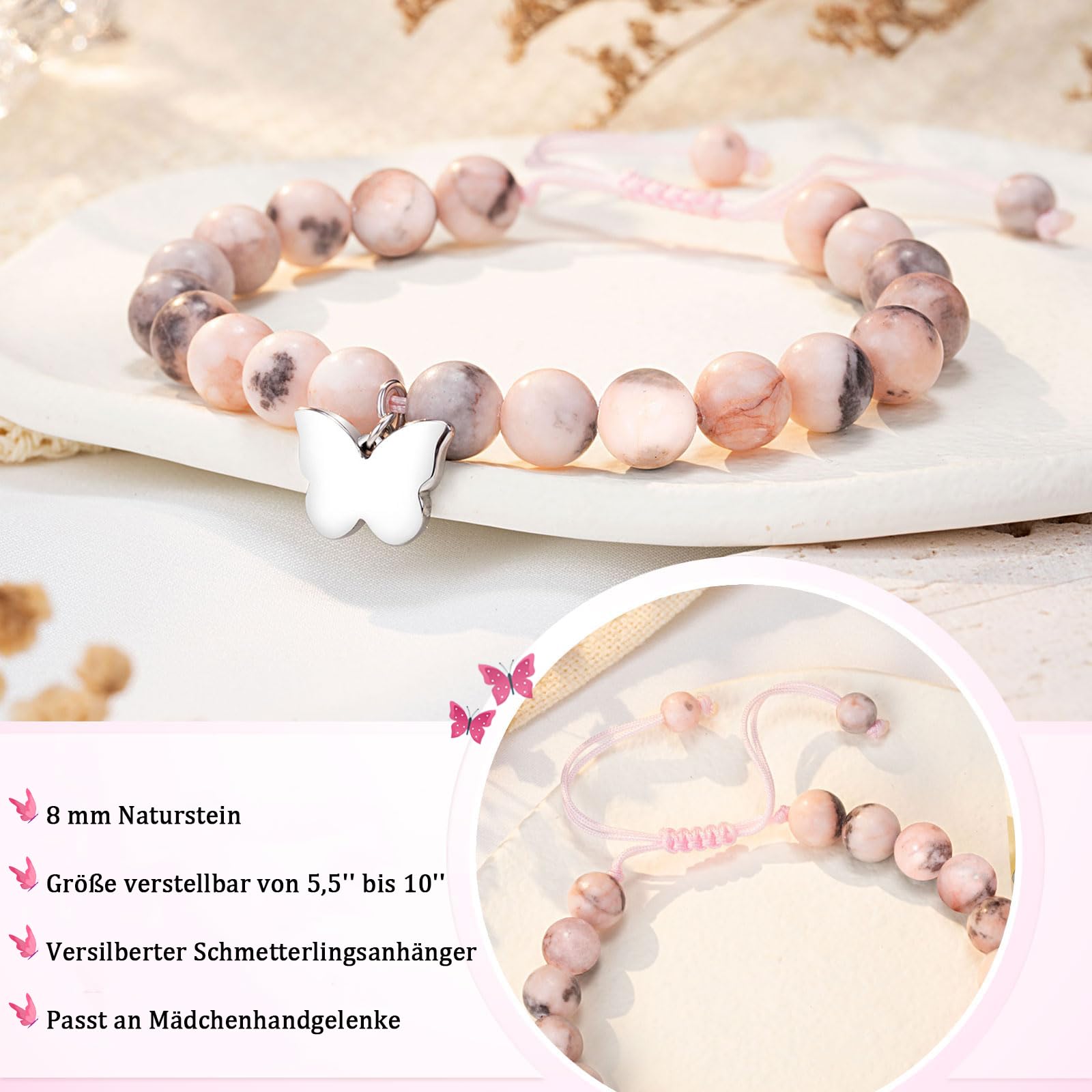 7./8./9./10./11./16. Geburtstagsgeschenke für Mädchen, Schmetterlings-Natursteinarmbänder mit Zitatkarte
