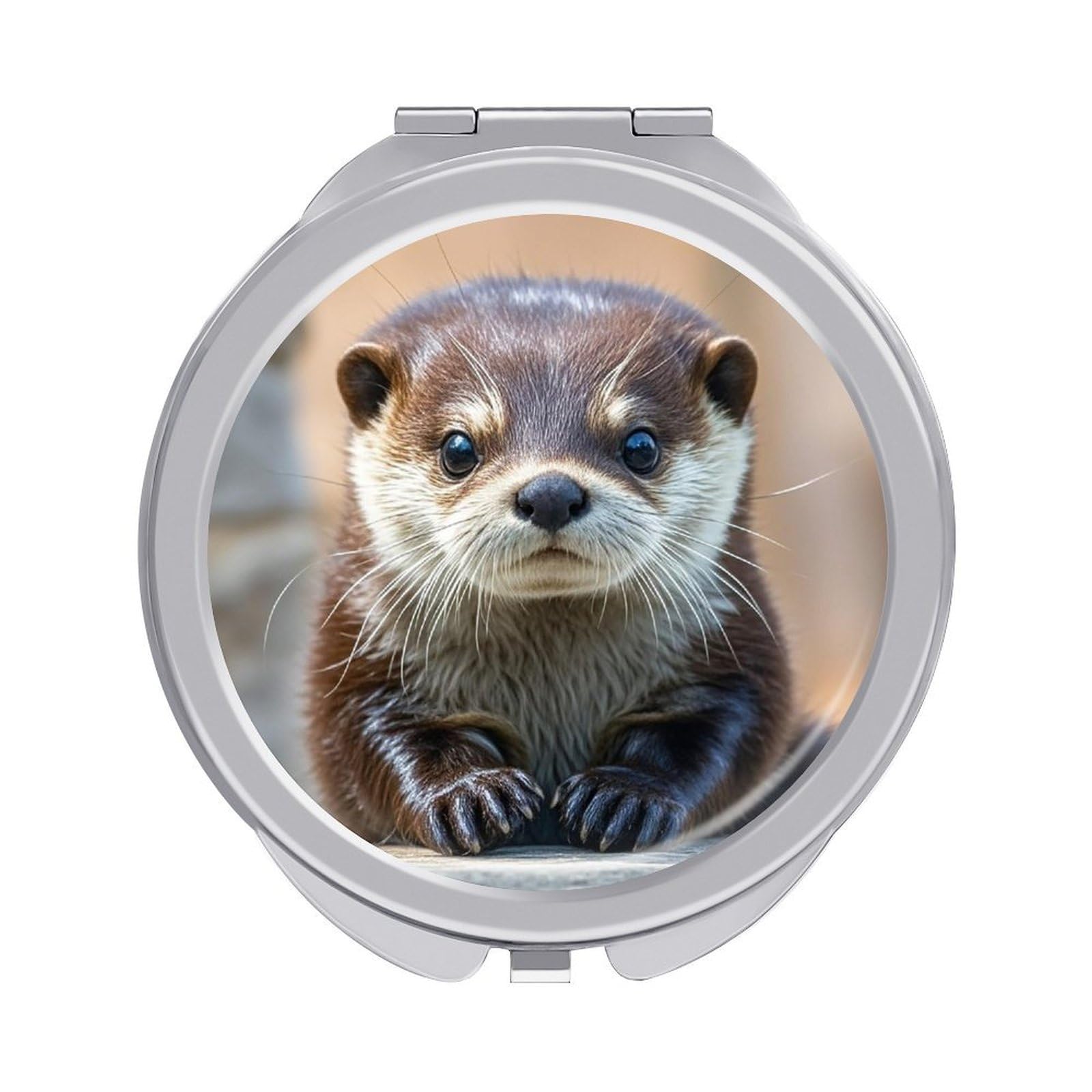 FekiLoot Cute Otter Travel Makeup Mirror for Women Folding Portable Hand Compact Mirrors Small Round Vanity Mirror 1X/2X Magnifying Metal Pocket Makeup Mirrors