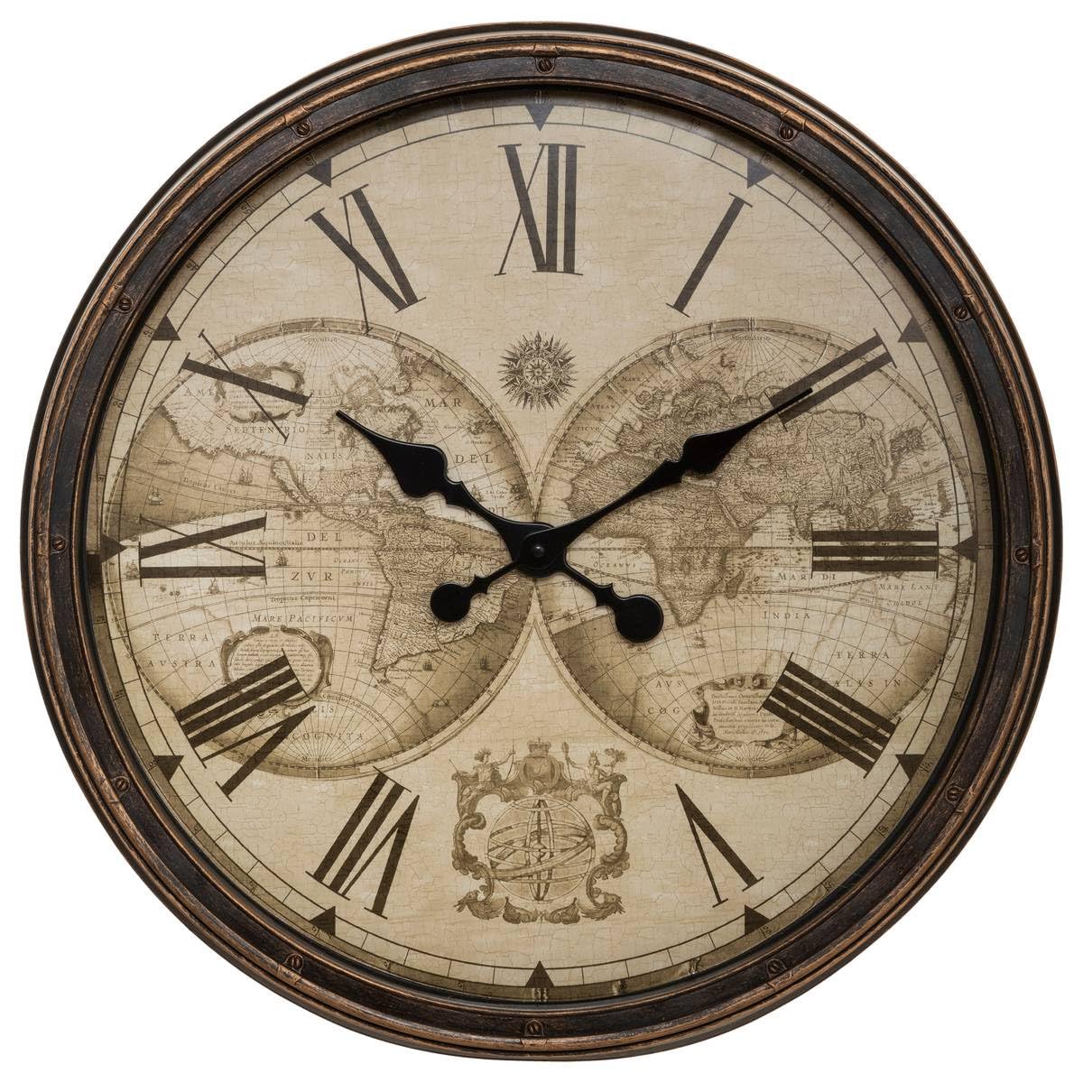 ATMOSPHERA CREATEUR D'INTERIEUR Reloj Mundial de Plastico Vintage, Marrón, D. 52 cm Pr. 51 x Pr. 5 cm