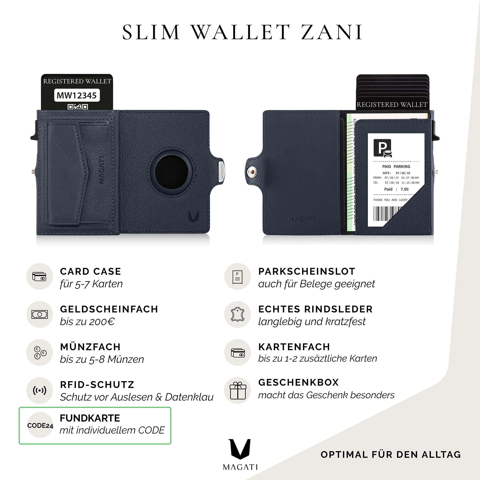 MAGATI Slim Wallet Zani mit AirTag Hülle aus Leder, inkl. Fundservice, Kartenetui mit Münzfach & RFID Blocker, Geldbörse für AirTag, Portmonee mit Kartenhalter & Geldscheinfach, Blau