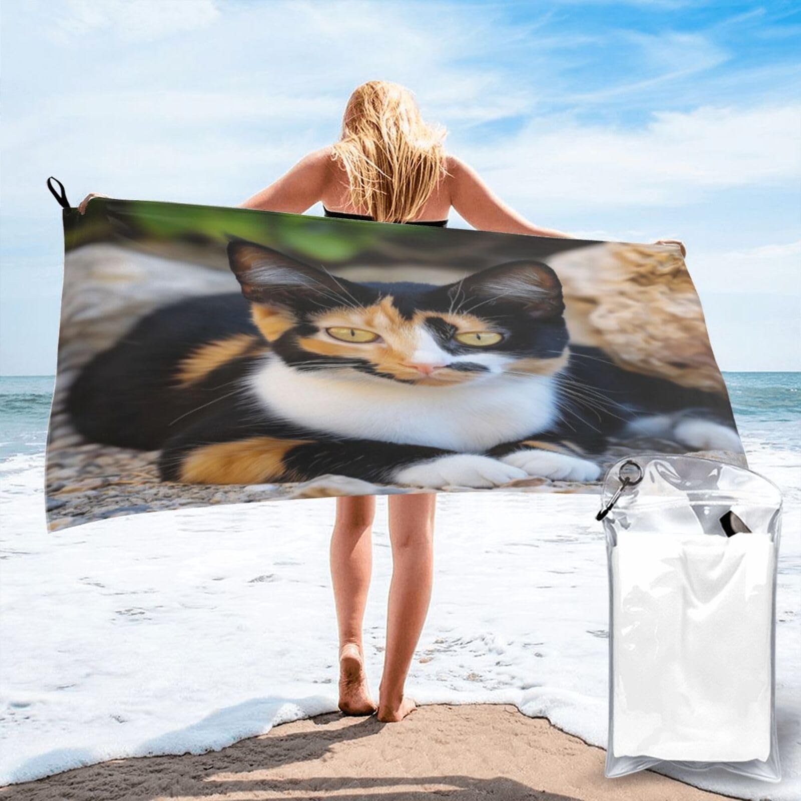 Anceky Photograph of Calico Cat Lying On Rocks Quick Dry Microfiber Travel Towel with Carry Case and Carabiner 31.5"X63"