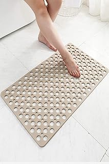 Non Slip Shower Mats Bath Mat Anti Mould TPE Bathroom Bathtub Mat Floor Shower Mats Anti Slip Antibacterial with Suction Cups & Drainage hole Perfect for Everyone Safety Khaki 16.9" x 29.5"/43 x 75cm