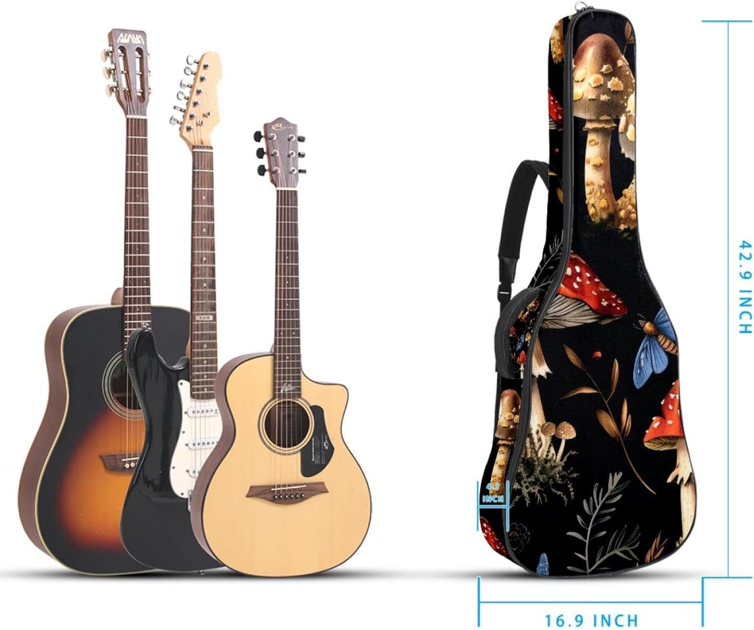 Acoustic Guitar Bag, 40 41 42 Inch Guitar Case Cover Soft Guitar Gig Bag for Acoustic Electric Bass Classical Guitar, Aesthetic Mushroom Pattern