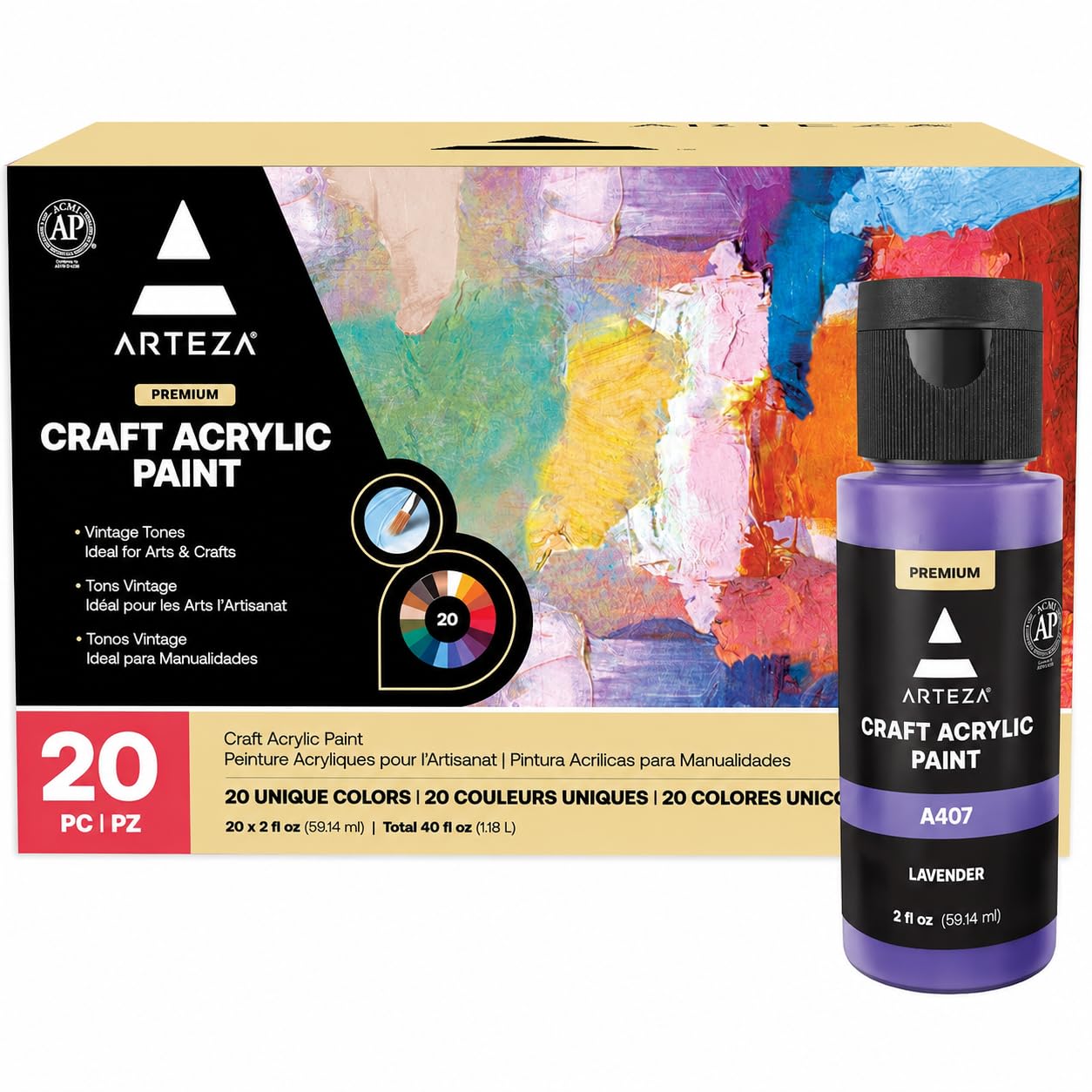 ARTEZA Set de peinture acrylique artisanale, 20 teintes vintage, bouteilles de 60 ml, à base d'eau, finition mate, set d'acrylique mate pour des projets d'art et de bricolage sur toute surface