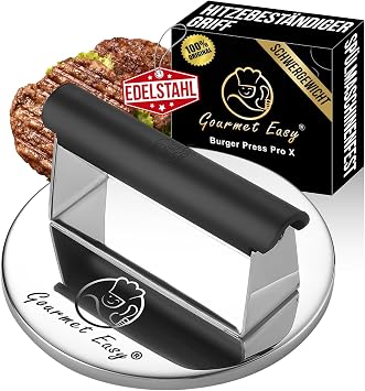 Burgerpresse Edelstahl | Burger Smasher mit hitzeresistentem Griff | Spülmaschinenfeste Burgerpresse | Professionelle Patty Presse perfekt zum Grillen/Braten von Fleisch | Smash Burger Presse