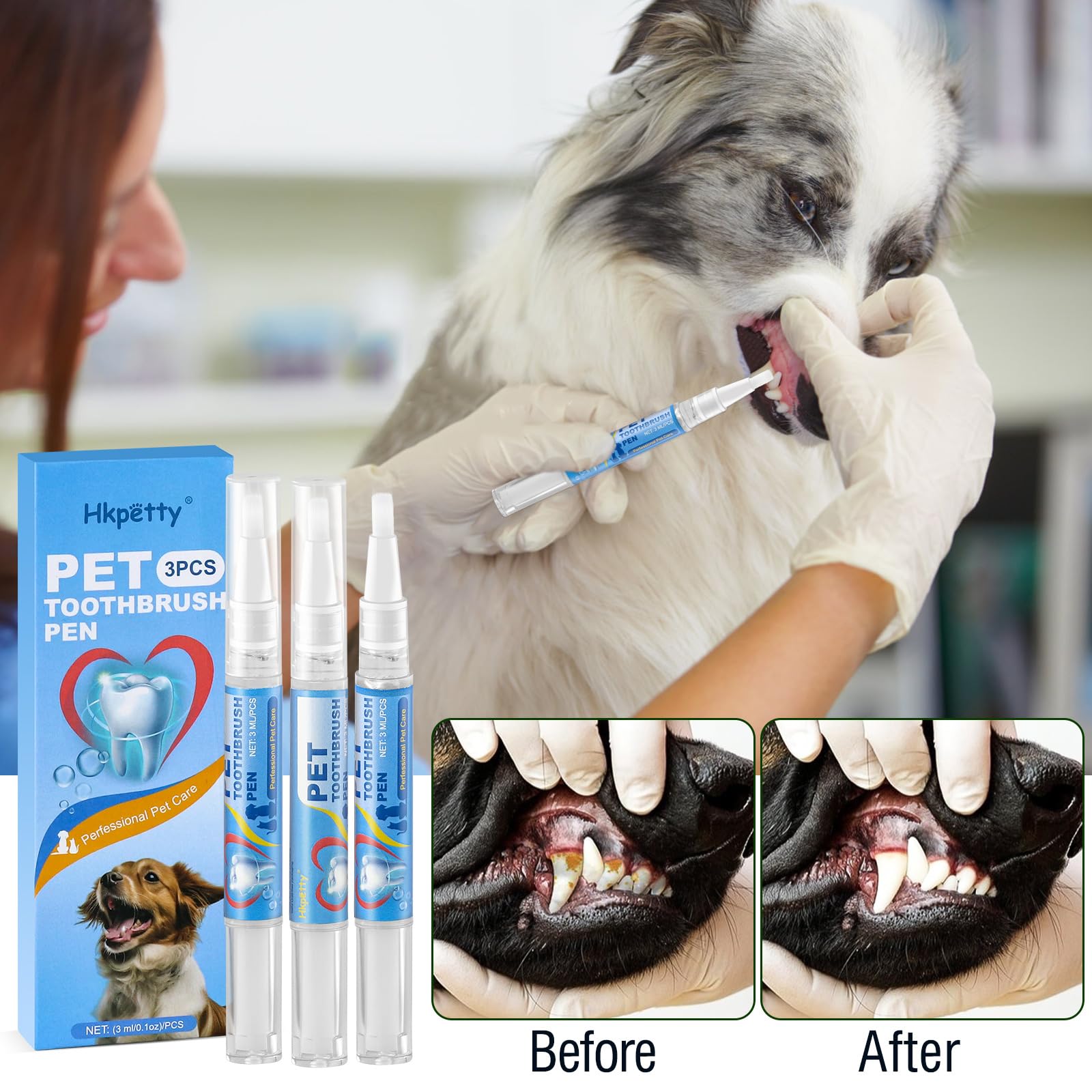 3 bolígrafos para cepillo de dientes para mascotas, bolígrafo iluminador de dientes para perros, mascotas, perros, gatos, limpieza de dientes para cuidado dental, perros, gatos, plantas