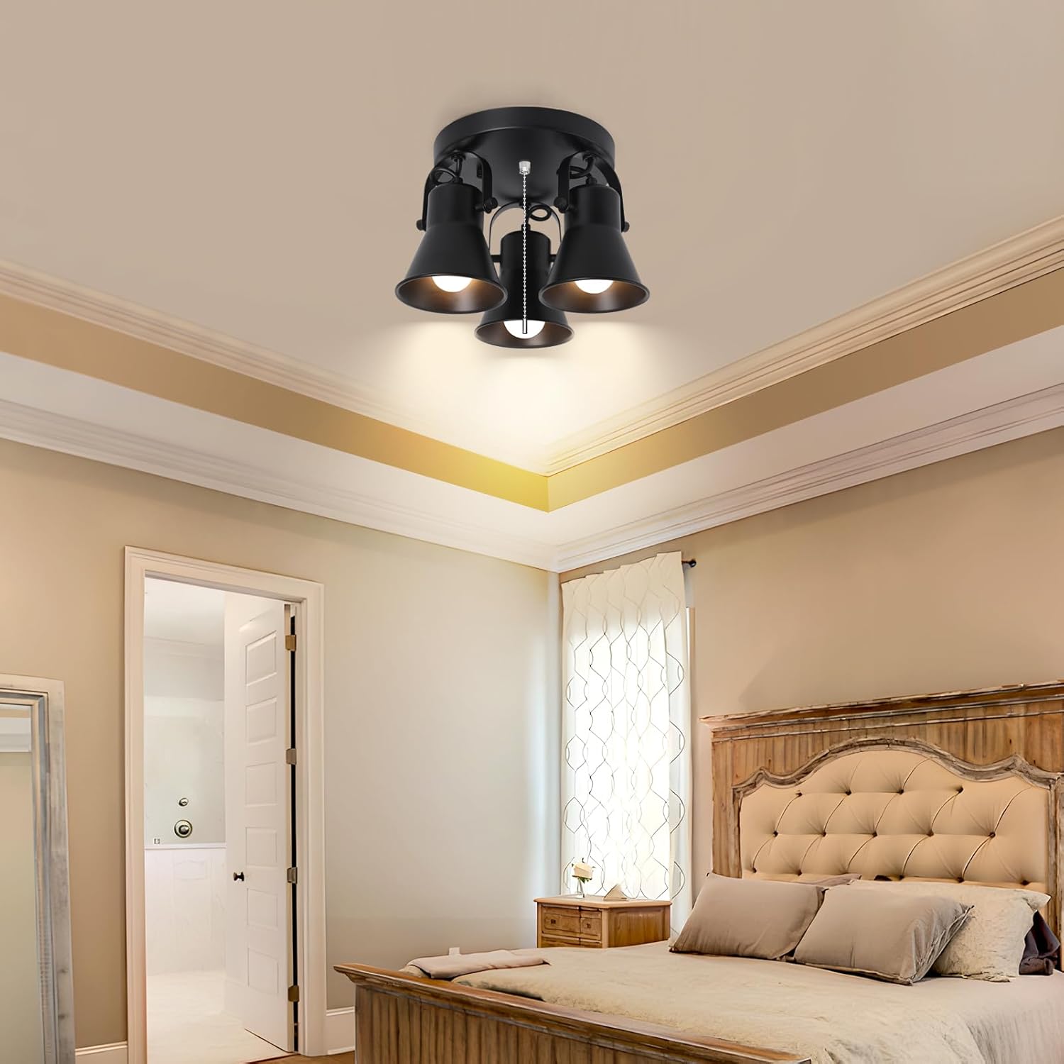 SEEBLEN 3-Light Industrial Track Lighting with Pull Chain On/Off Switch, Adjustable Round Kitchen Ceiling Light, Morden Black Flush Mount Directional Light for Kitchen, Hallway, Dining Room, Bathroom