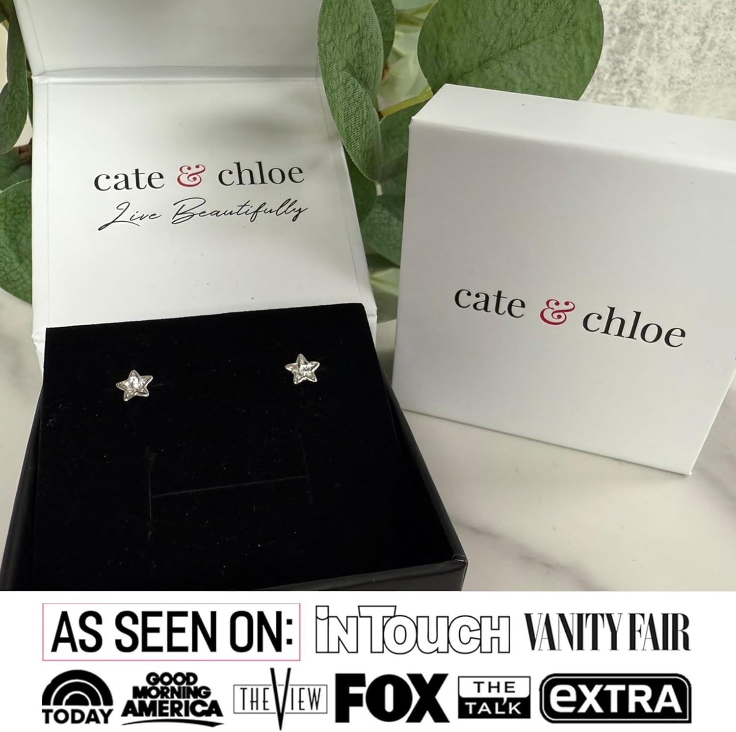 Cate & Chloe Lealani 18k White Gold-Plated Star Stud Earrings with Simulated Diamond Crystals, Elegant Jewelry for Women, Giftable Accessory for Her on Christmas, Holidays, Birthday and More