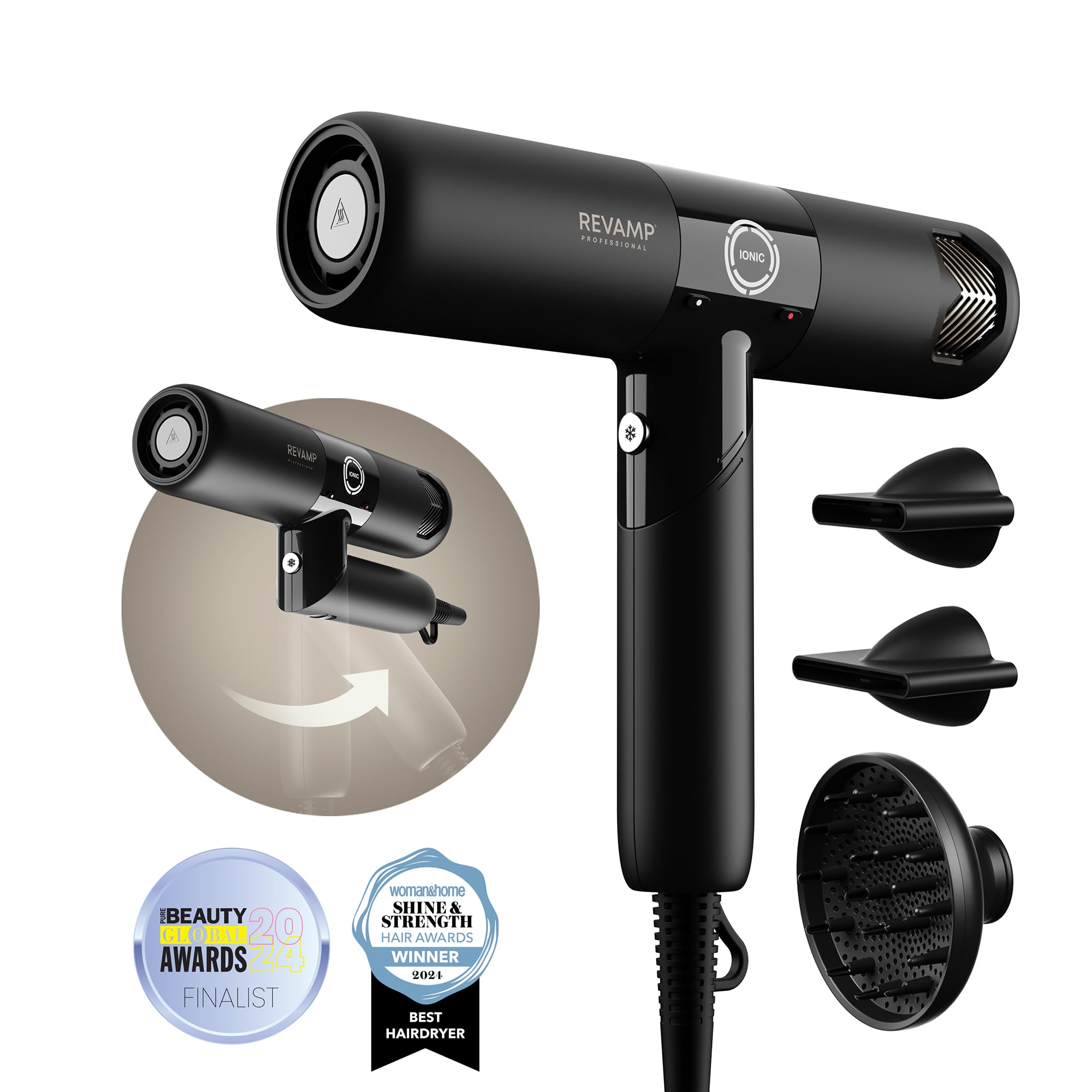 REVAMP Enigma Revelation Seche Cheveux Ionique - Moteur Digital Intelligent pour un Séchage Rapide, Sèche-Cheveux Diffuseur Boucle, Léger - 3 Accessoires Magnétiques, pour un Coiffage Professionnel
