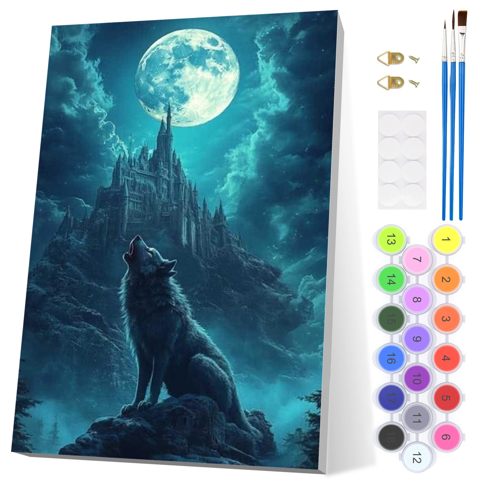 EOBROMD Wolf Paint by Numbers for Adults with Frame, Moonlight Castle Paint by Numbers Kits Beginner, Acrylic Easy Painting by Numbers for Gift Home Wall Decor 8x12in — image 1