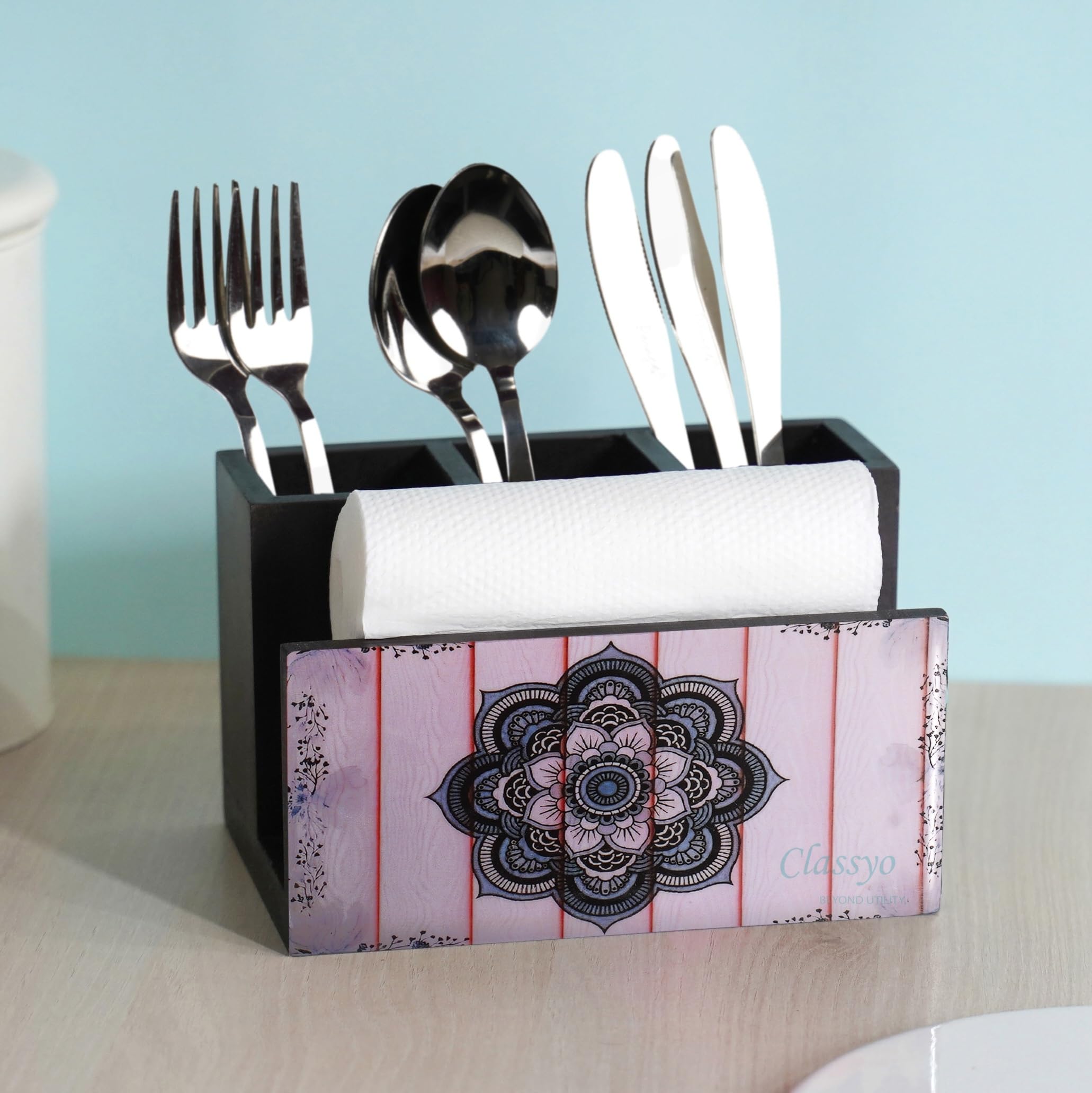 Spoon Stand for Kitchen, Tissue and Cutlery Holder for Dining Table, Wooden Spoon Holder (Mandala Blue)