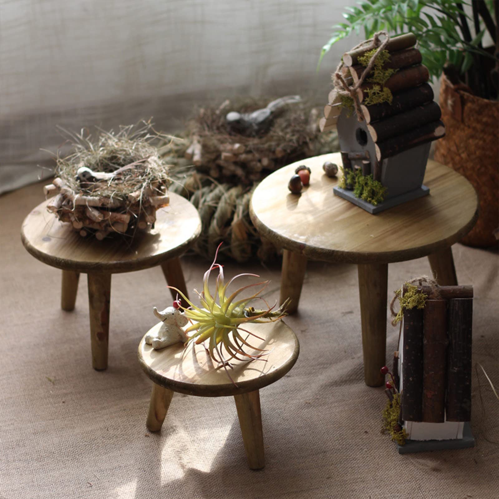 PerGar Mini-Holzhocker-Ausstellungsständer, Kreative Kleine Hocker, Runder Hocker, Pflanzenständer, Blumentopfständer, Balkon-Gartenmöbel, Verschiedene Schieß-Requisiten für Drinnen und Draußen, L(S)