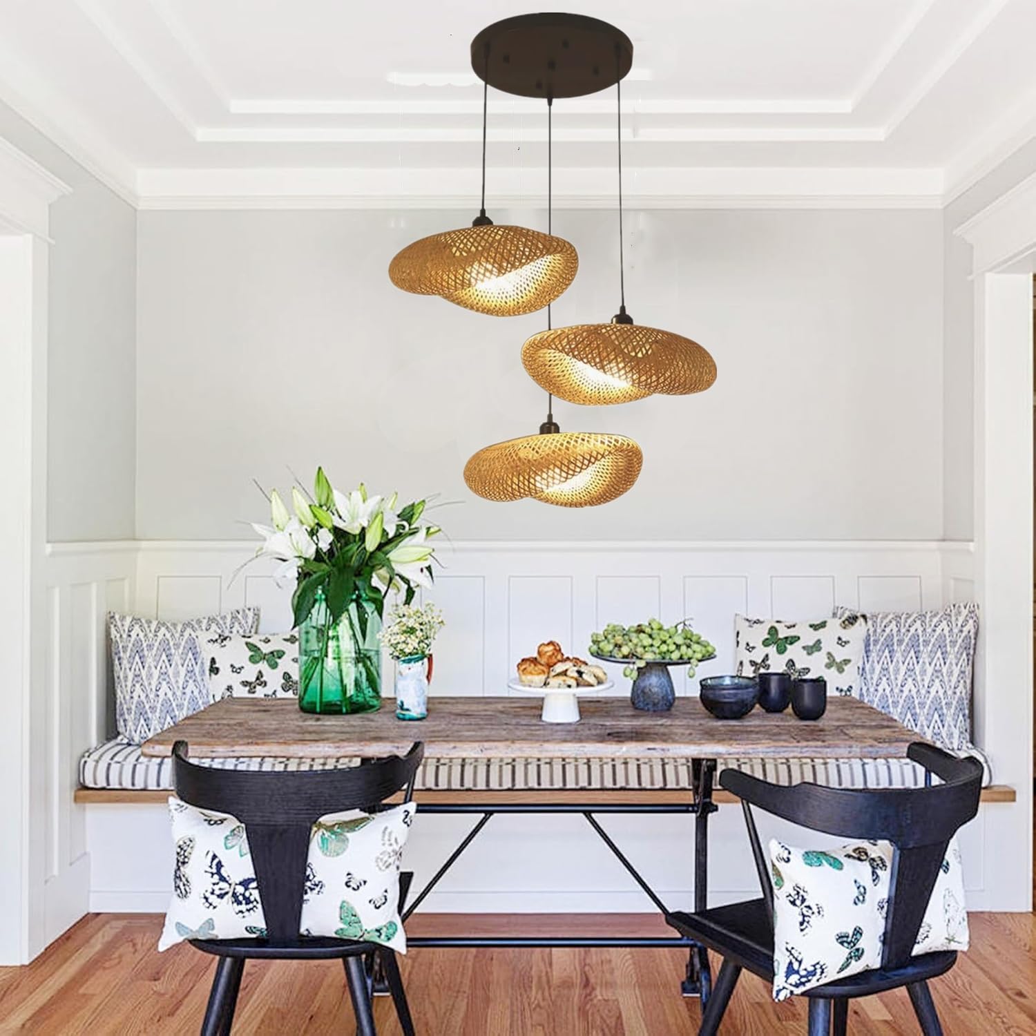 3 Flammig Hngeleuchte Boho Bambus Pendelleuchte Aus Handgeflochtenem  Rattan Esstisch Hngelampe E27 Hhenverstellbare Vintage Esstischlampe ...