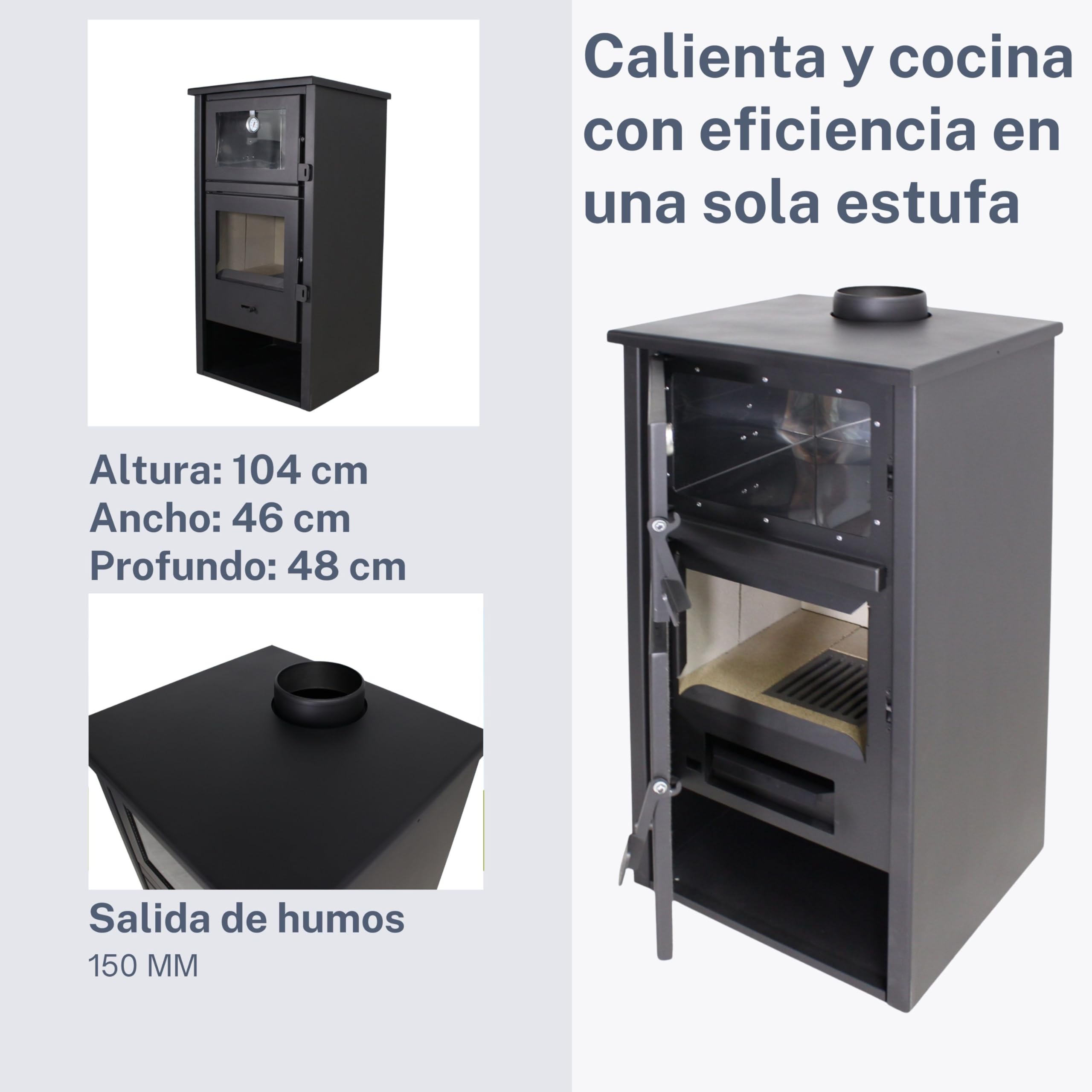 EIDER BIOMASA Estufa de Leña LUX HORNO – 12,44 kW – Con Horno – Rendimiento 78% – Hasta 240 m³ – Doble Combustión – Certificada CE