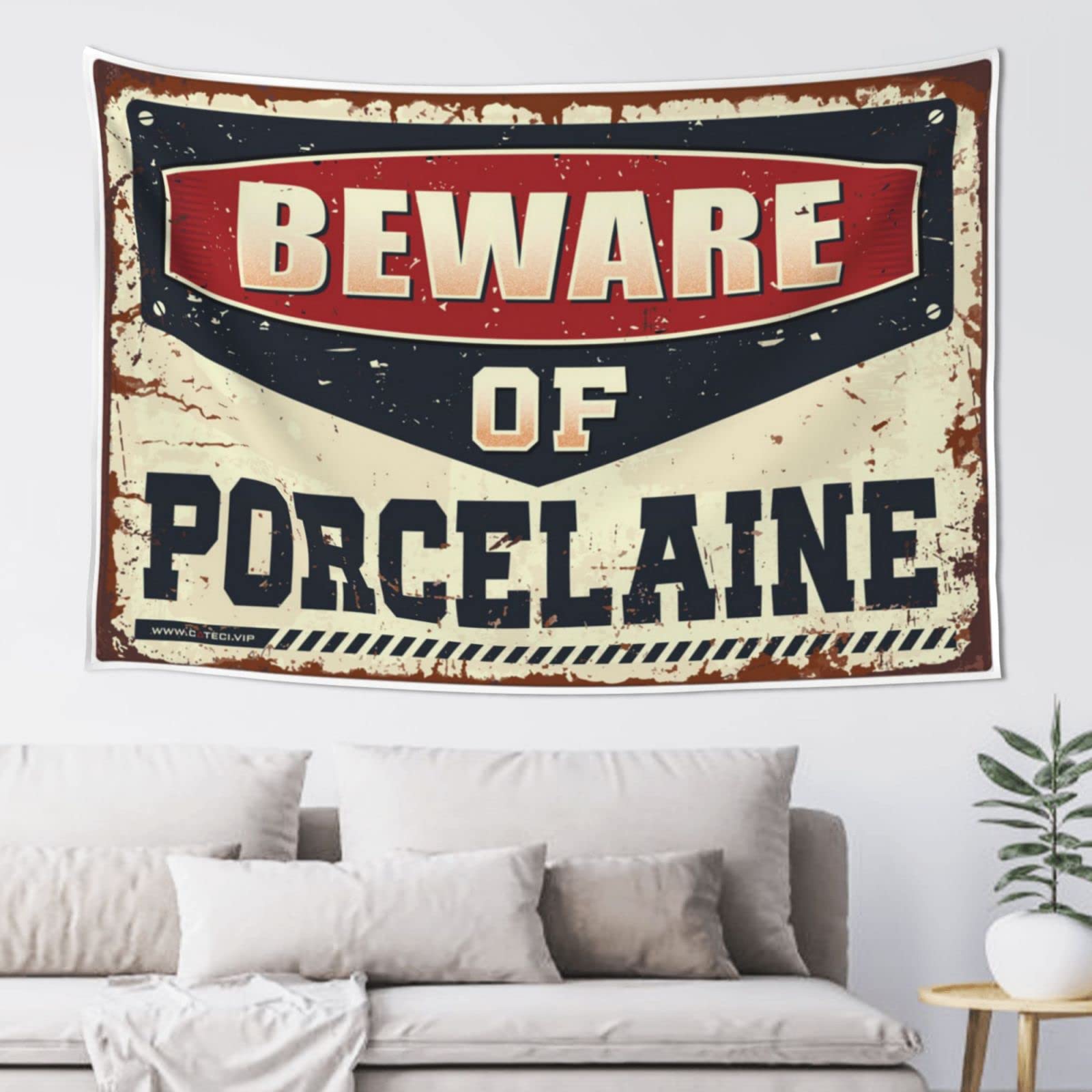 PRAVOXI Vintage Bar Decor Beware Of Porcelaine Tapestry Room Door Decor Room Door Decor(75X100CM)