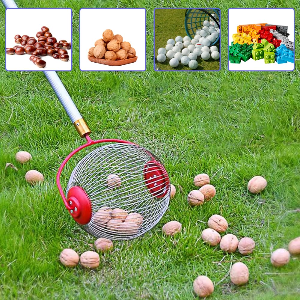 Recolector de Nueces y Bellotas Rodillo de Acero Talla L | Cesta de Alambre de Acero Bellotas con Rodillo de Eficiencia Recogedor Portátil de Talla Grande L para Trabajo de Jardinería
