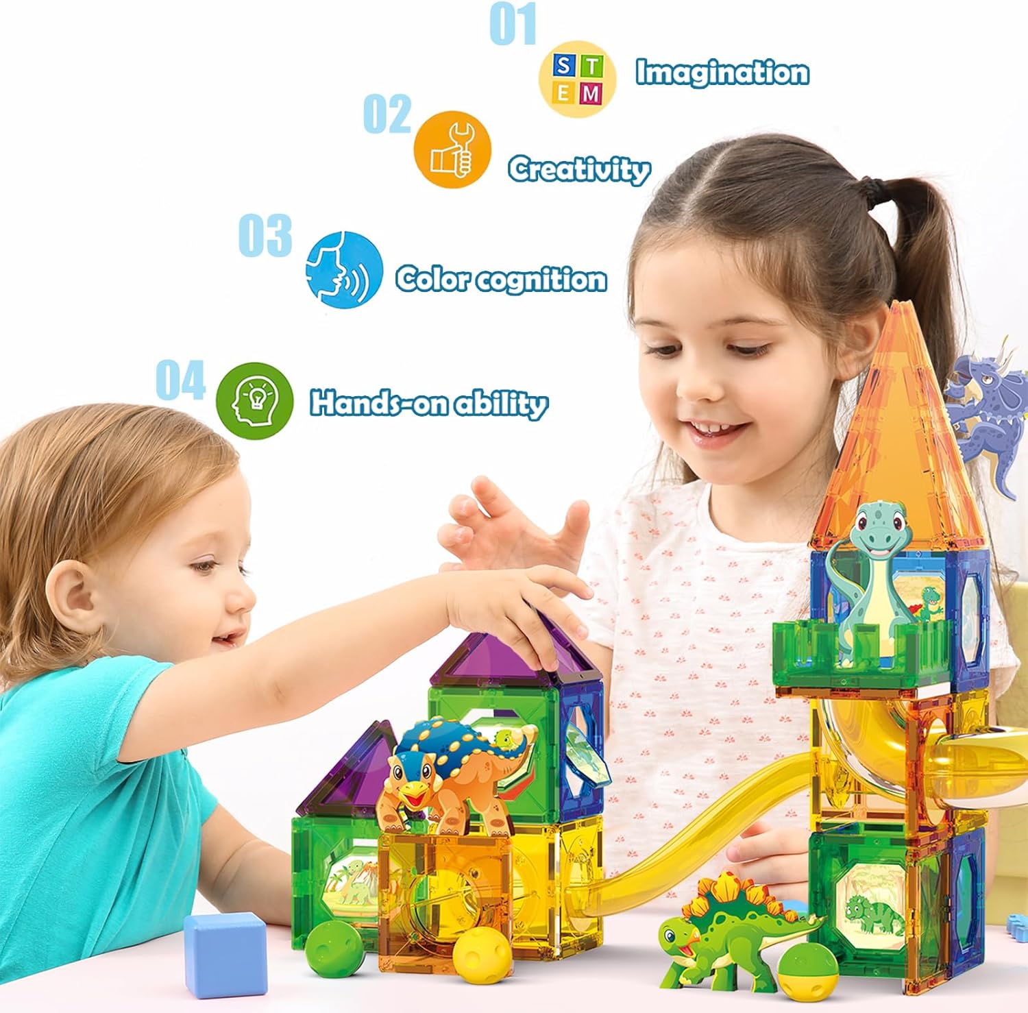 Doloowee Dinosaur Magnetic Blocks Set, Upgrade DIY Magnets Building Blocks for Kids, 60 Piece Magnets Tiles for Boys and Girls Learning by Playing Games to Improve Imagination and Creativity