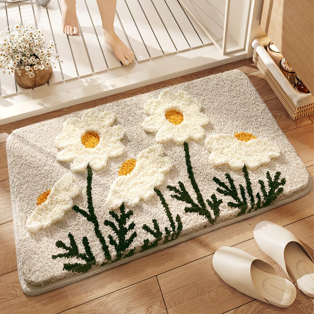 gdmgdr Fluffy Absorbent Flower Bathroom Rug Washable, 32" x 20" Bath Mat for Bathroom Non Slip, Soft Tufted Rug Flower Bath Mat Home Decor, White