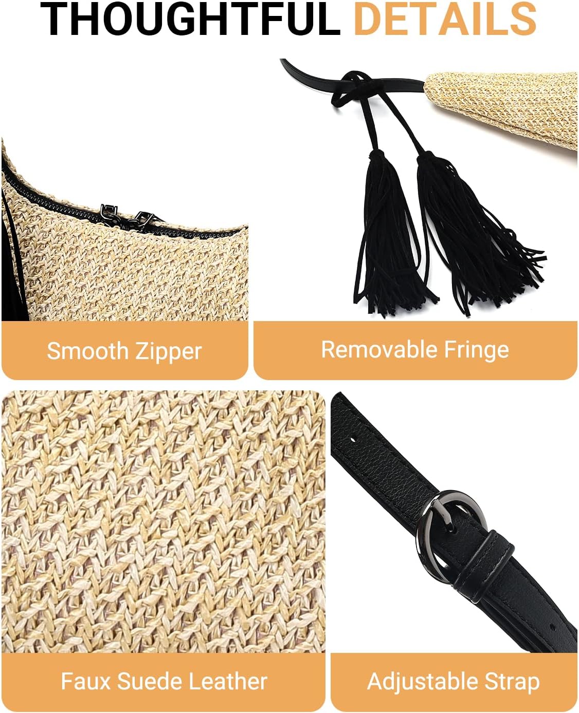 Herald Tassel Straw Hobo Shoulder Bag for Women, Summer Beach Crescent Crossbody Purse Handbag with Adjustable Strap - Image 8