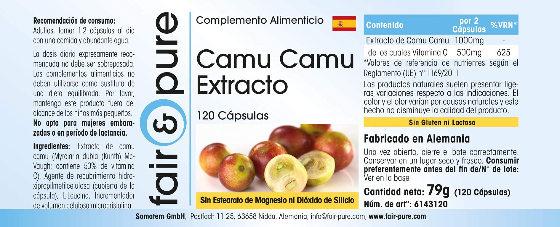 Fair & Pure Camu Camu Extrakt, 120 Kapseln, natürliches Vitamin C, hochdosiert, Nahrungsergänzungsmittel vegan ohne Magnesiumstearat, in Deutschland hergestellt (Packung mit 2)