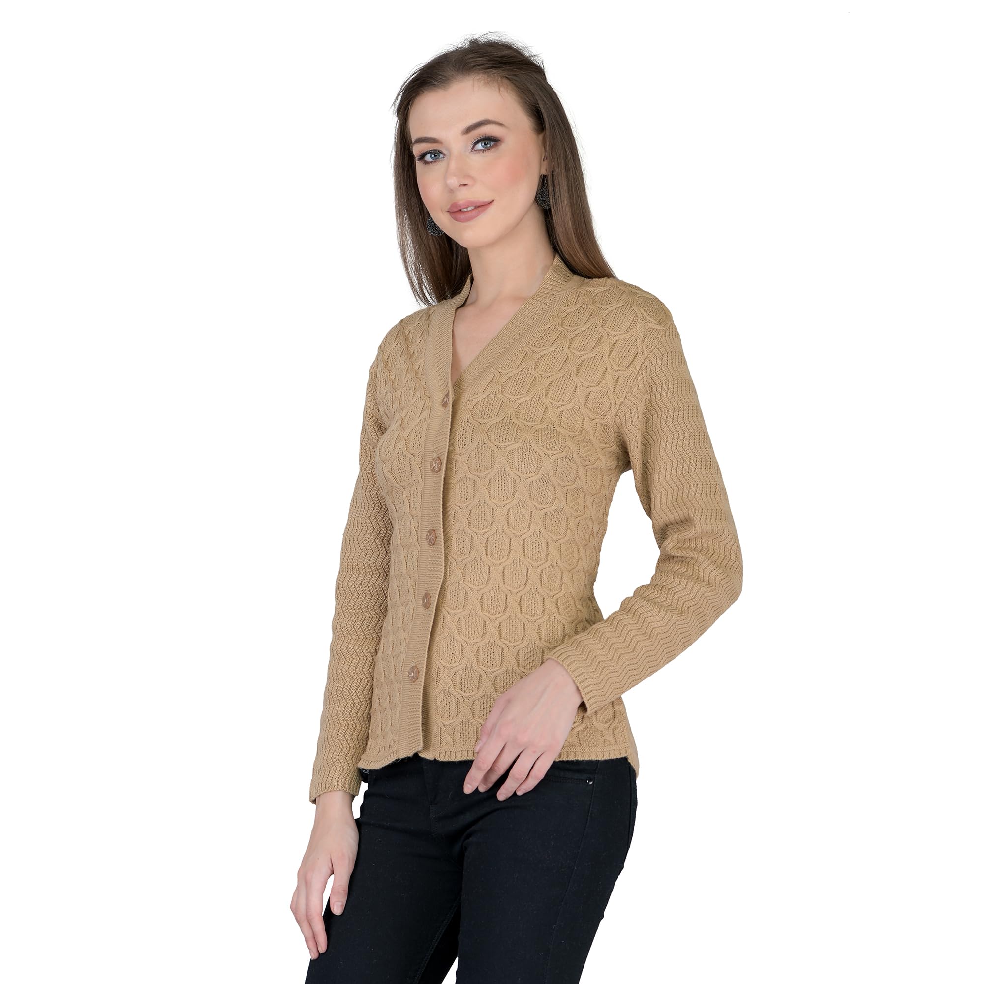 lady willington Women Woolen V-Neck Self Design Cardigan Heavy Daffodil Fabric Cardigan Winter Wear Pure Wool Cardigan for Women Free Size Long Cotty Fully Warm Cardigans (3XL, Skin)-picture-17