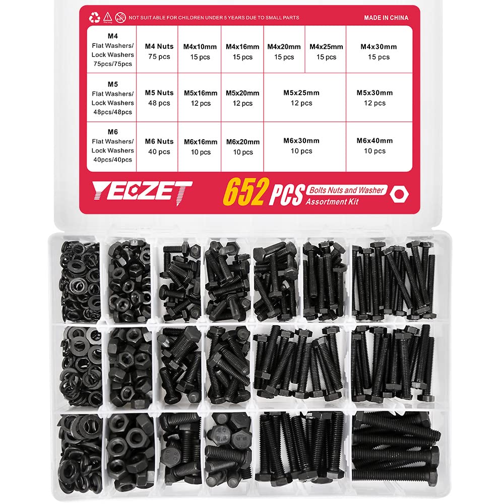 Juego de 163 tornillos y tuercas resistentes M4 M5 M6 kit surtido de acero aleado grado 8.8 incluye 13 tamaños más comunes 88W6J-M456-652PCS