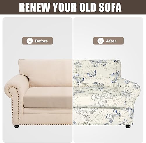 Miniatura 7 de SearchI - Funda de sofá elástica con estampado floral, 4 piezas, incluye 3 fundas de cojín independientes, protector lavable para muebles de sala de