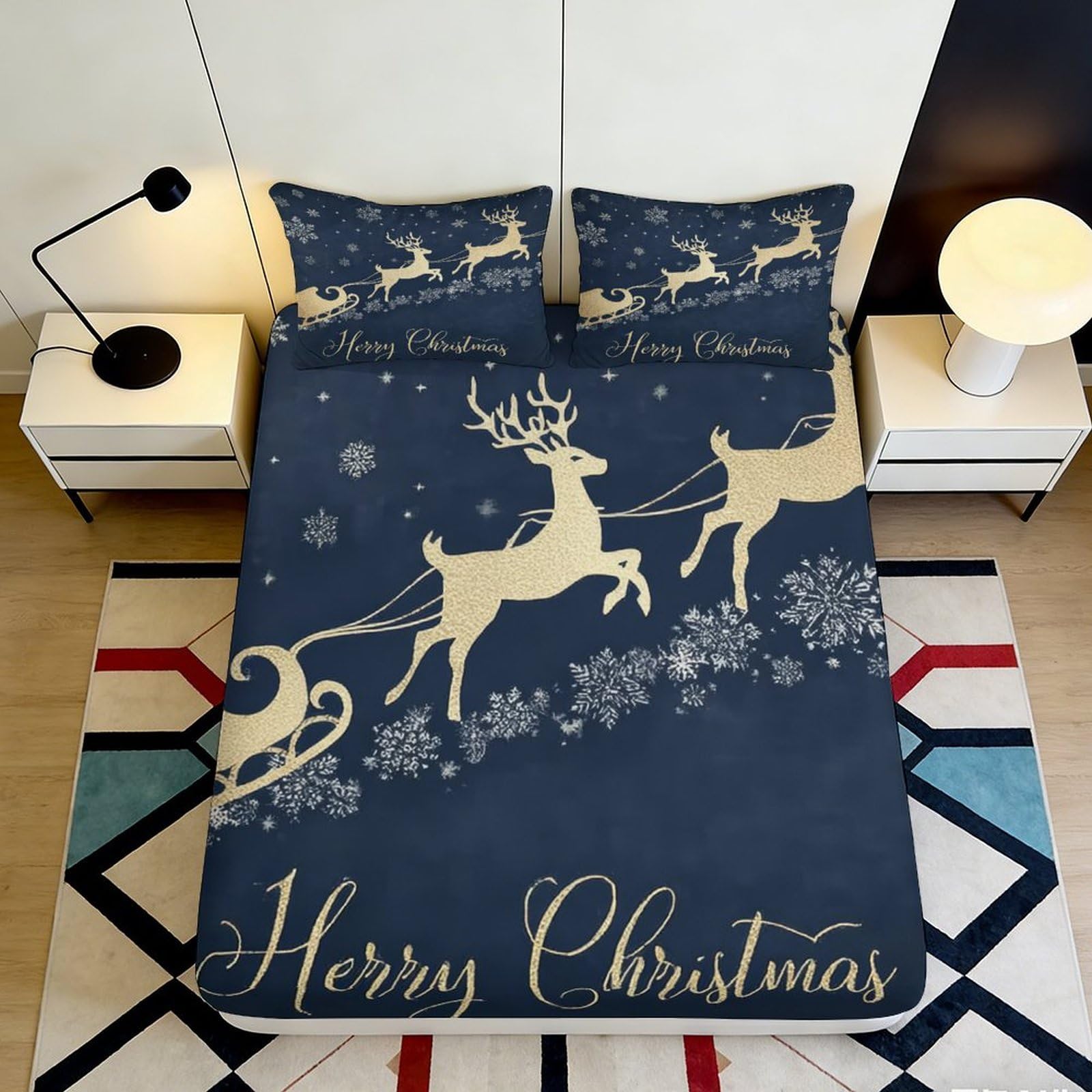 Jqzkxnhpbr Style-2 3D Printed Reindeer Sleigh Fitted Sheet Microfiber Soft Navy Blue Snowflake Bed Cover For Bedroom Guest Room Decor 90X200x25cm